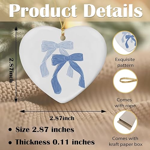 Miniatura 6 de Adorno de lazo azul coquette, adornos de corazón de lazo a rayas azules para decoraciones de fiesta de árbol de Navidad, adornos colgantes