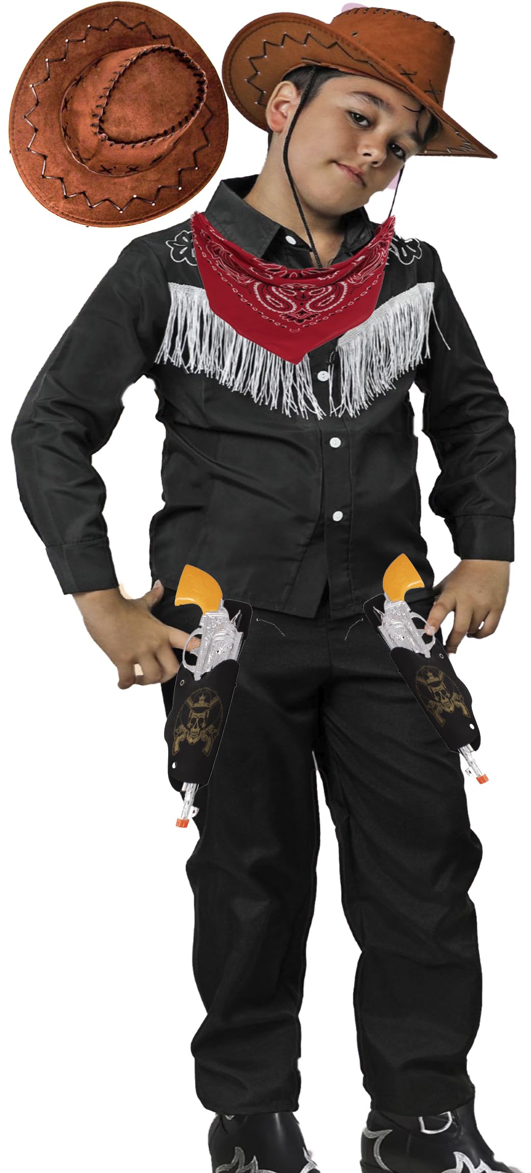 Gojoy shop-Disfraz de Vaquero Cowboy para Niños San Fermín Halloween Carnaval.(contiene:Chaqueta,Pantalón,Sombrero,Jueguete de Pistola con Funda,Pañuelo y Mochila de Cuerda.)