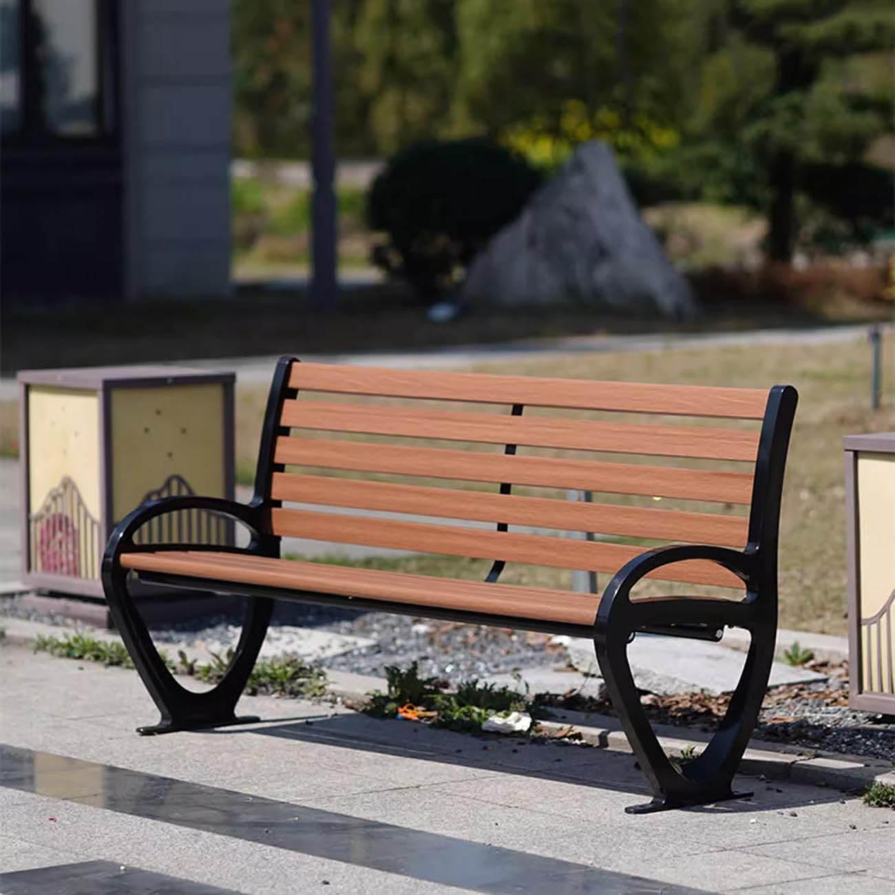 Banc de jardin d'extérieur en fonte et bois dur de 150 cm avec dossier confortable
