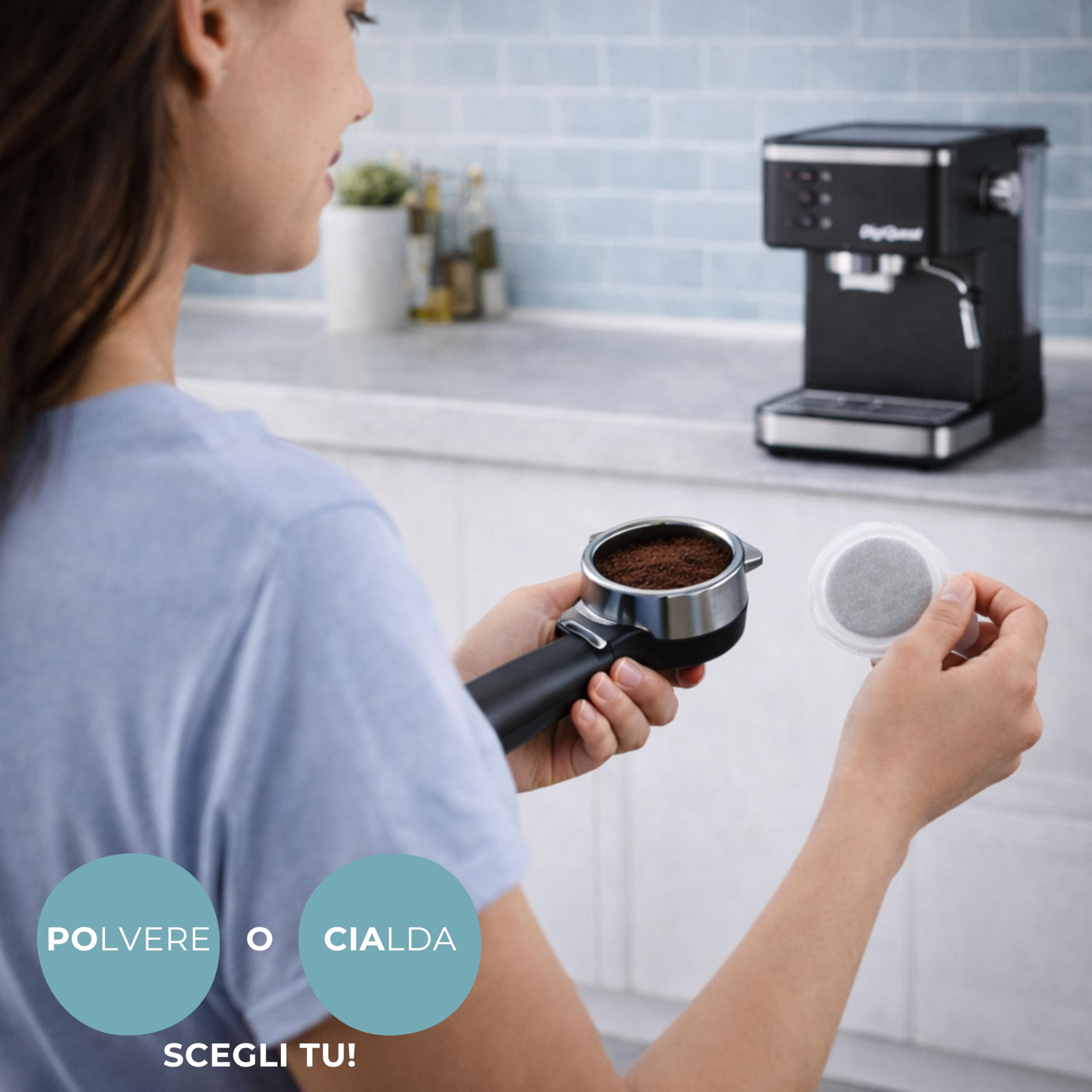 DIGIQUEST Pocia Coffy Macchina da Caffè Espresso | 20 Bar | Compatibile con Caffè in Polvere e Cialde | Funzione Cappuccino, Vapore e Acqua Calda