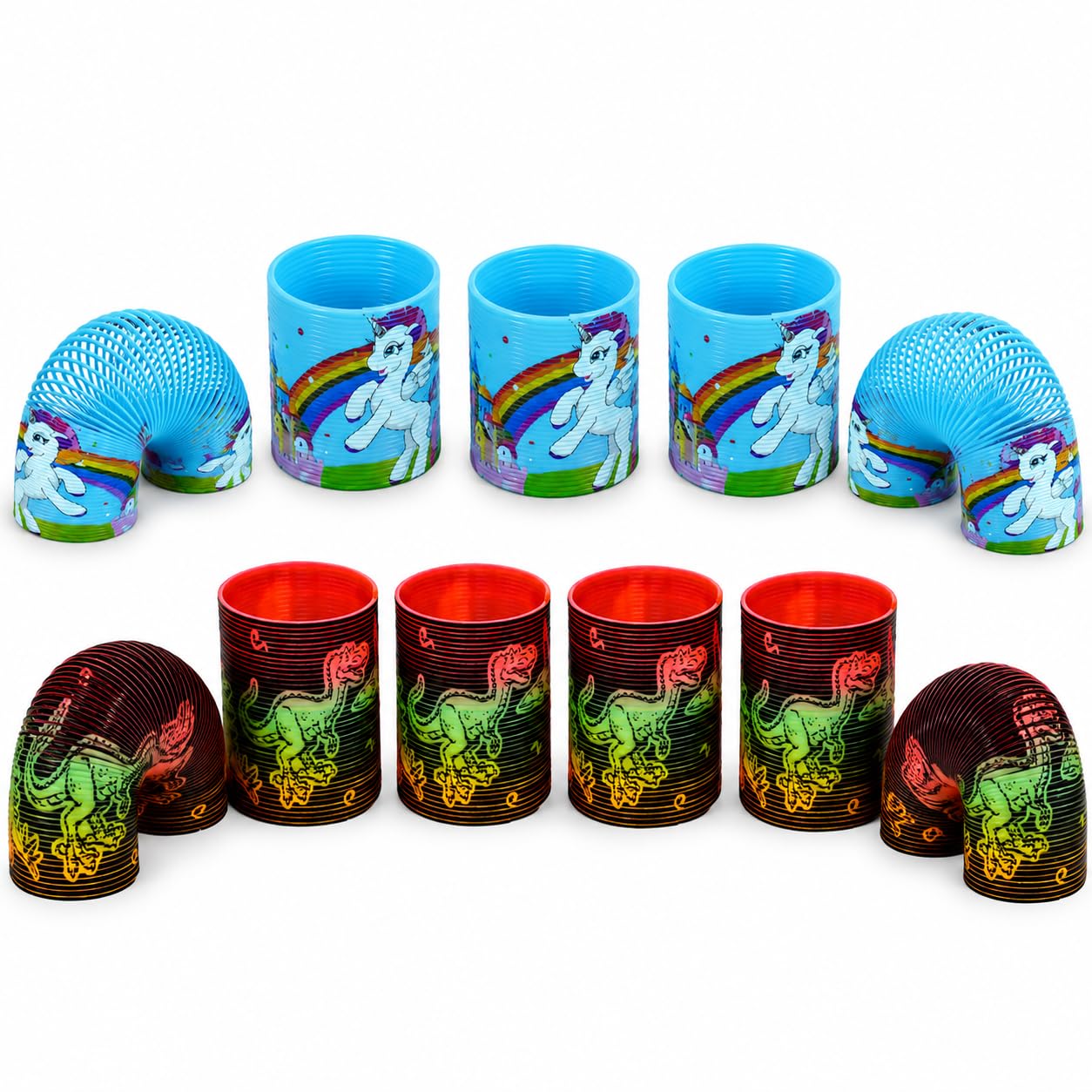 SRV Hub Blue Unicorn & Dinosaur Spring Toys for Kids, 10 Pack Rainbow Magic Coil Slinky Set, Fidget Toys, Party Bag Fillers, Birthday Favours, Classroom Rewards, Stocking Fillers