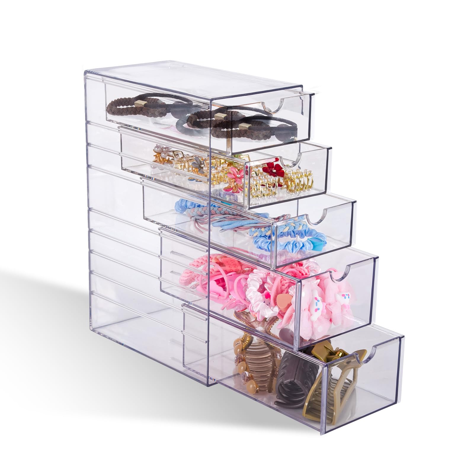 Wiojtry Hair Accessories Organizer. Clear Hair Ties and Pins Organizer Storage Box. Plastic Drawer Storage with 5 Different Sizes Drawers. Hair Accessory Container for Bathroom Closet Desk Office