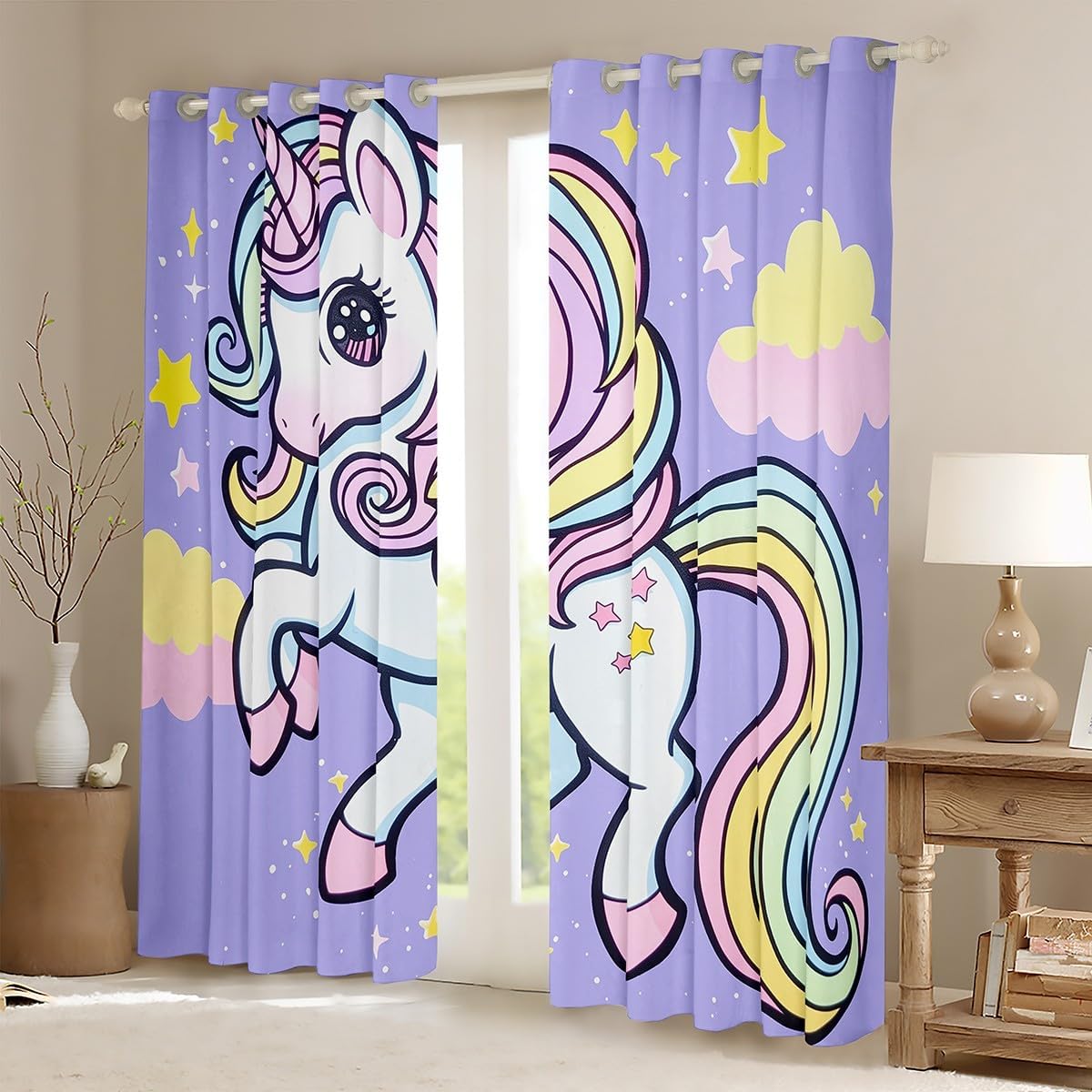 Cartoon Unicorn Curtains for Children,Cute Rainbow Stars Window Drapes Bedroom,Girly Princess Gifts Window Treatment Block 30%-50% Light Grommet Top 2 Panels Decor,42Wx90L