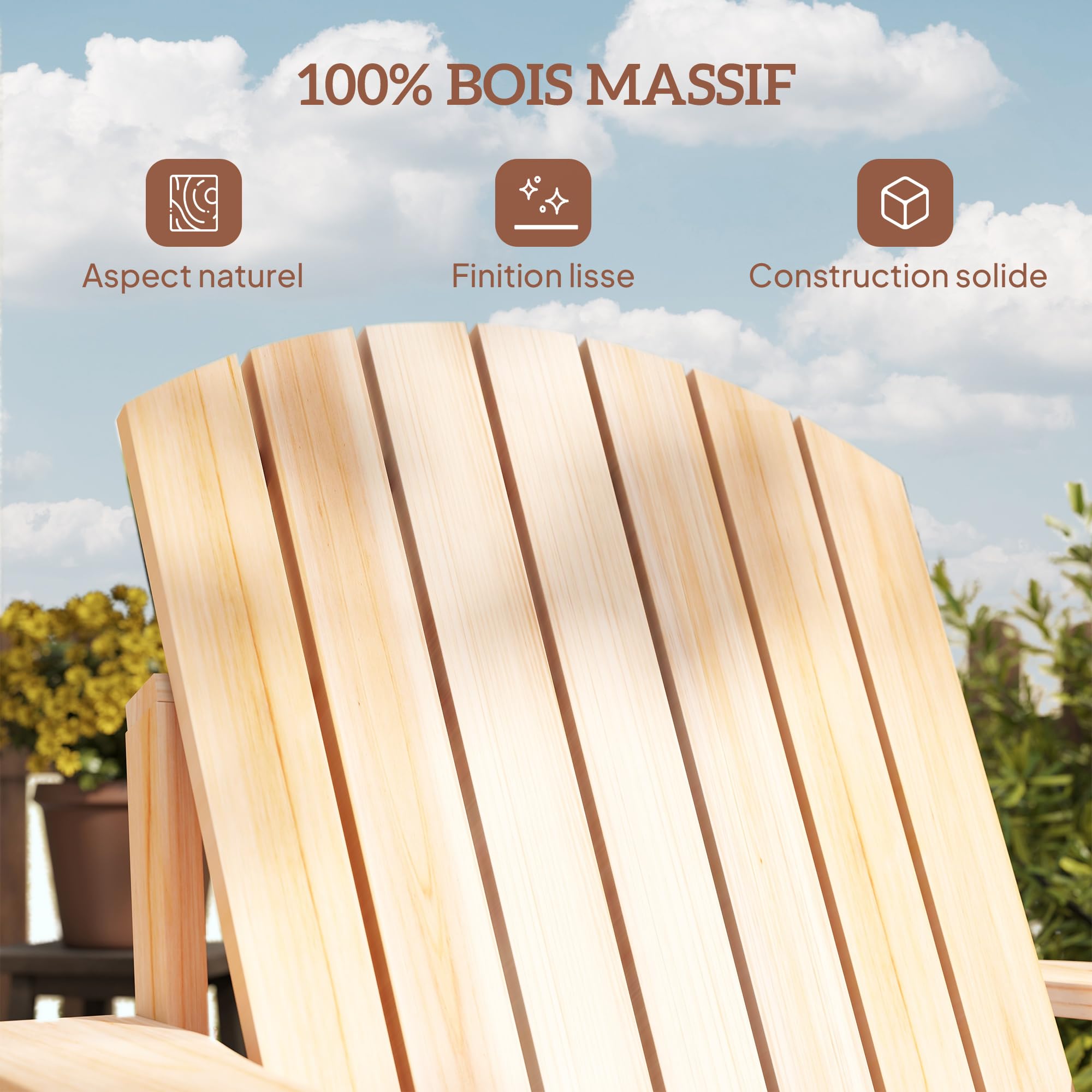 Outsunny Fauteuil de Jardin Adirondack Grand Confort Porte-gobelet intégré Bois de Sapin traité Peint Bois Naturel