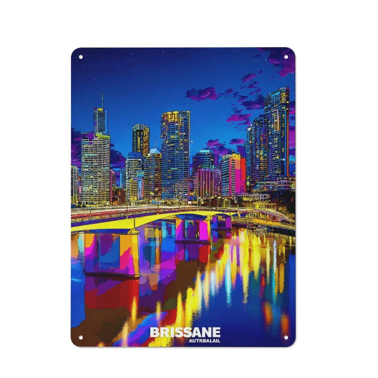 Junmoney Brisbane Nights City Lights Reflection Simple Retro Metal Wall Plaque 40X30cm, Creative Space Decor For Office, Study, Studio Or Hallway