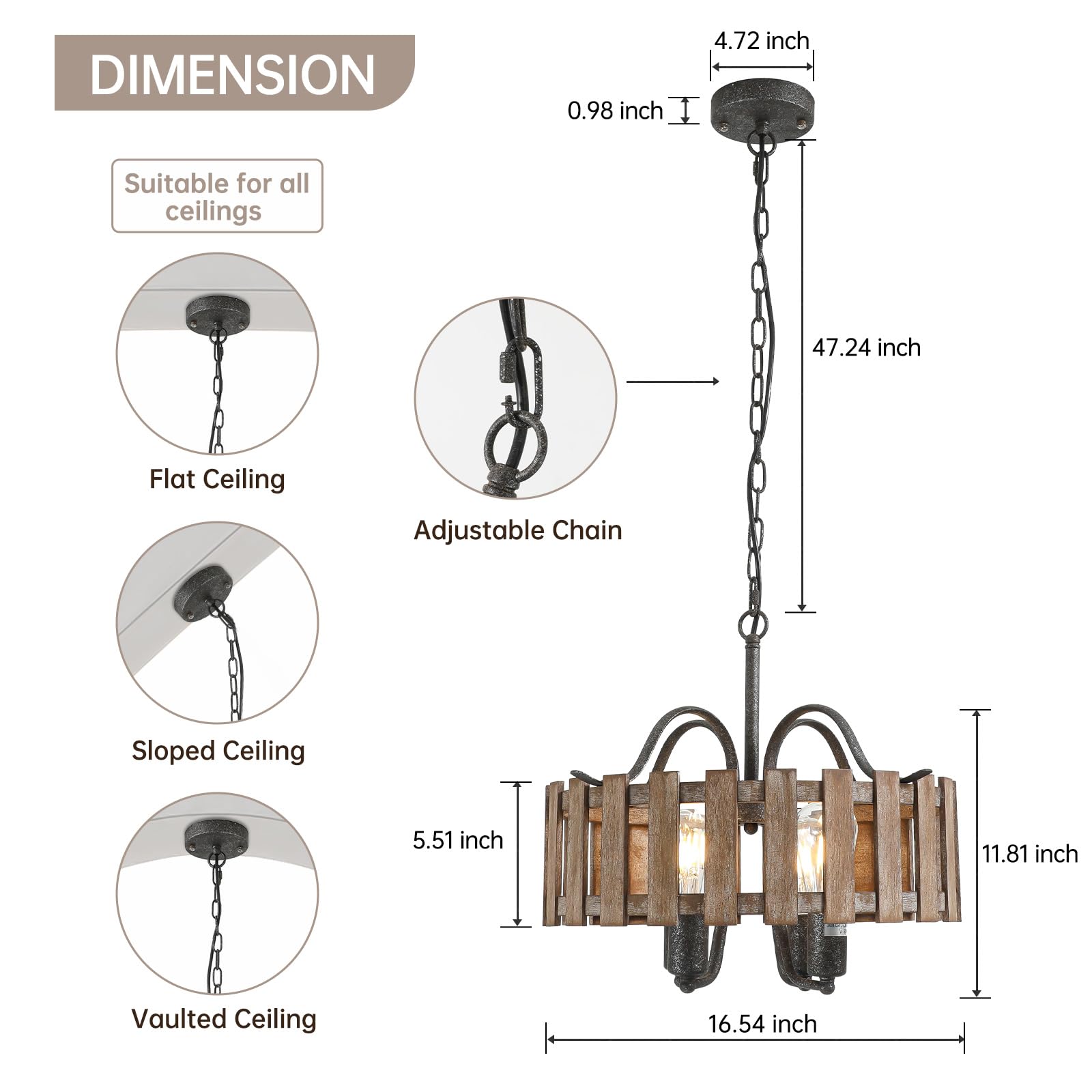 4-Light Farmhouse Chandelier Review: Rustic Industrial Drum Pendant Lighting 2 4-Light Farmhouse Wood Chandelier Light Fixture, 16.5'' Rustic Industrial Drum Hanging Pendant Lighting for Kitchen Island Dining Room Entryway - Detailed View