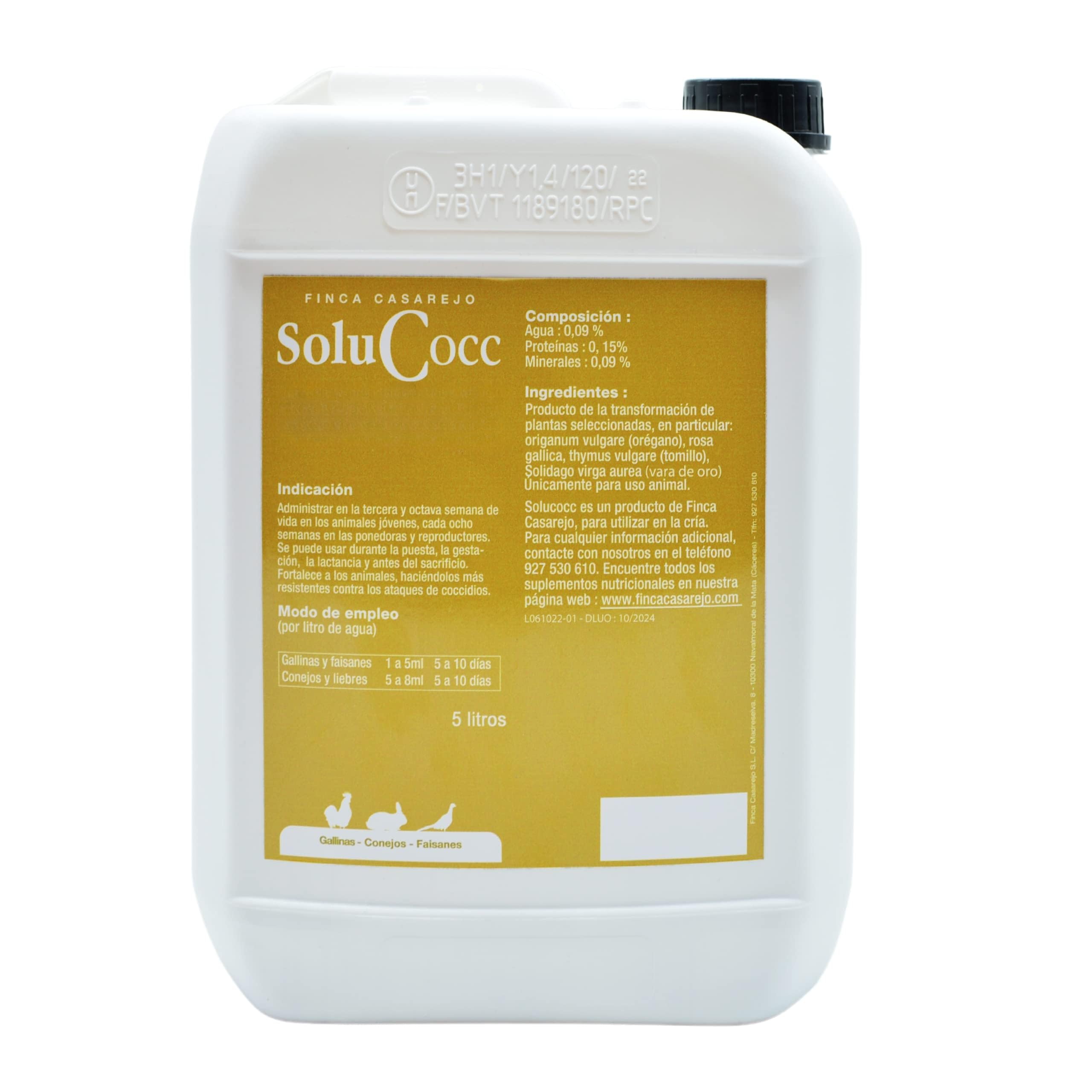 FINCA CASAREJO SoluCocc (5L) – Complemento nutricional para gallinas, Conejos y faisanes – Apoyo intestinal en situaciones de Alta Carga Ambiental