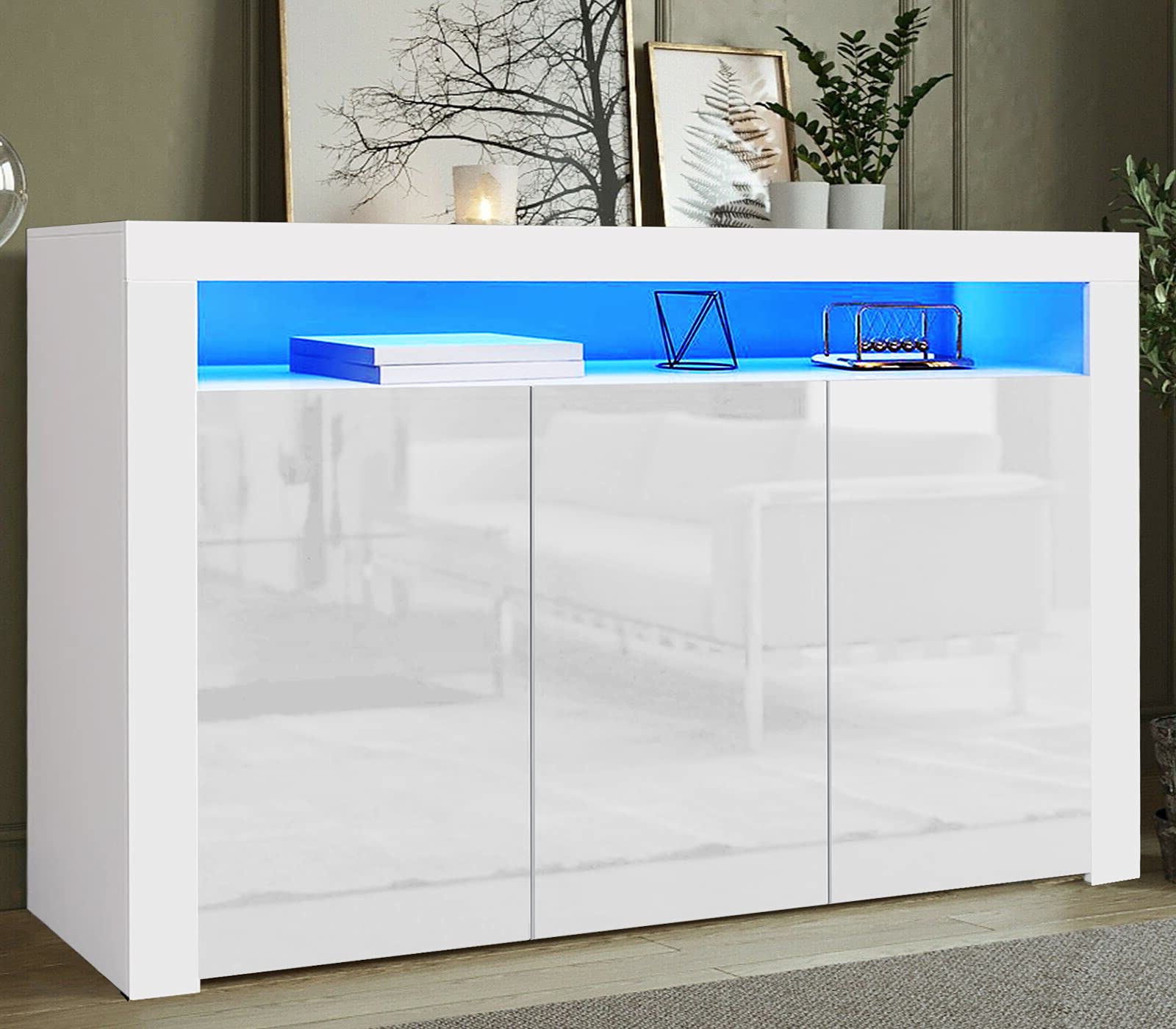 Buy White High Gloss Led Sideboard Cupboard With Led Lights, For Living