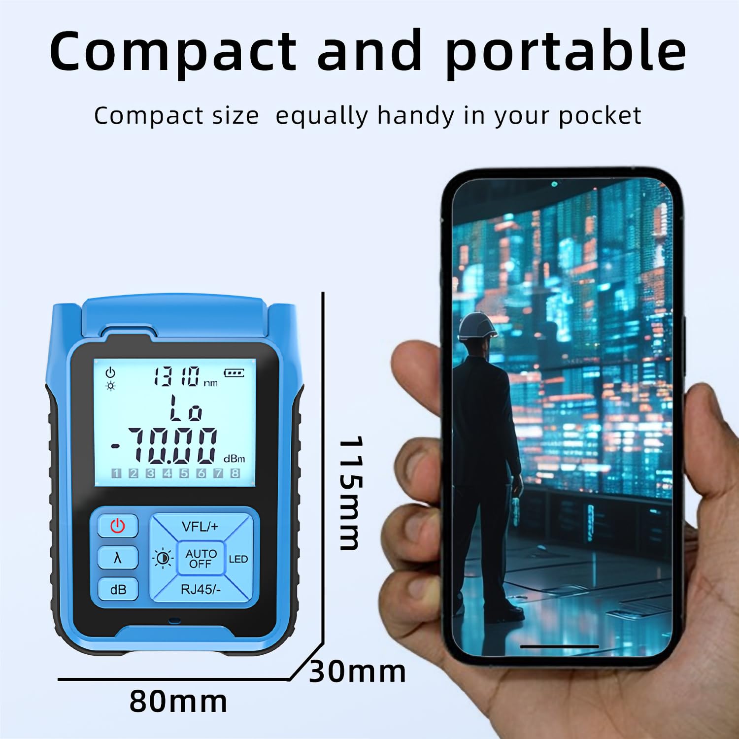 Mini medidor de potencia óptica, localizador visual de fallos, 10 mW, comprobador de fibra óptica. Rango de medición: -70 ~ +10 aBm, Sin función de comprobador RJ45 ni conector