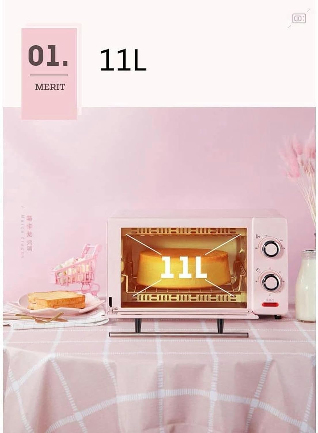 Mini Electric Oven Of 1000 W For Home, 11 L, Temperature Control, 100-230 ℃ And 60-Minute Timer, Bread Smart Bank, Tempered Glass Door