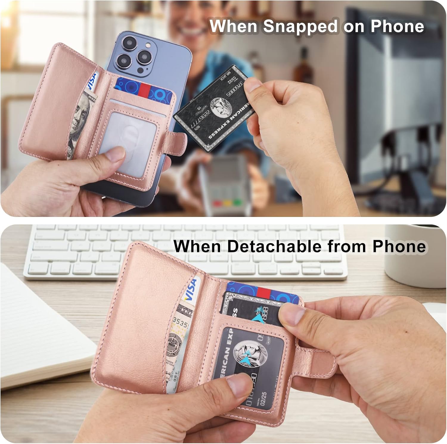 Bocasal for MagSafe Wallet Magnetic Card Holder, RFID Blocking Leather Card Slots for iPhone 17/16/15/14/13/12 Pro/Max/Plus/Air, Adjustable Kickstand Flip Mag Safe Wallet (Rose Gold)