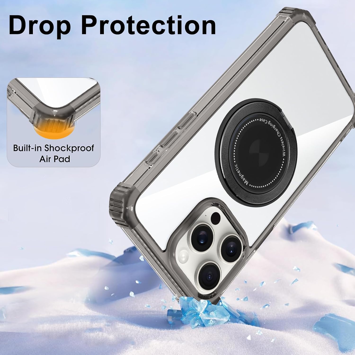Clear Case for iPhone 16 Pro Case with Magnetic 360 Rotatable Ring Stand [ Compatible with MagSafe ], Heavy Duty Military Grade Cover with Ring Kickstand for Women Men, Transparent Black Clear Black iPhone 16 Pro