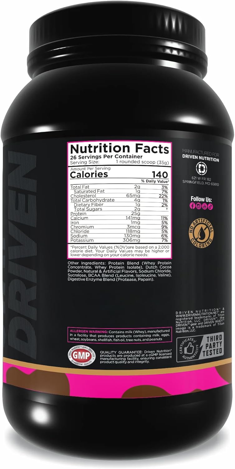 Driven WHEY- Whey Protein Powder: Delicious, Clean Protein Shake- Improve Muscle Recovery with 23 Grams of Protein with Added BCAA and Digestive Enzymes (2lb, Chocolate Peanut Butter)