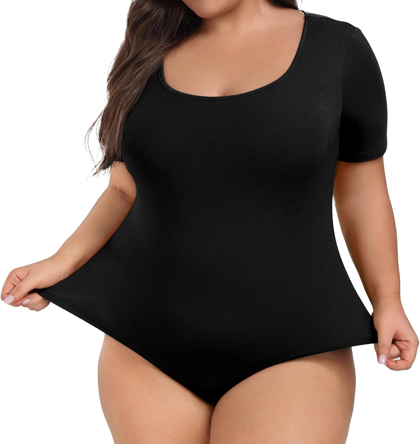Lastshe Women Plus Size Bodysuit Short Sleeve Scoop Neck Casual Slim Fit Stretchy Bodysuits - Image 3