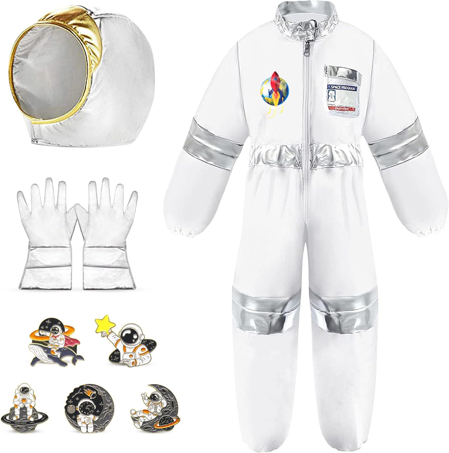 9pcs Astronaut CostumeSet, White Explorer Space Suit with Spaceman Hat Astronaut Gloves Brooches, Spaceman Role Play Costume for Birthday Accessories, Halloween Party