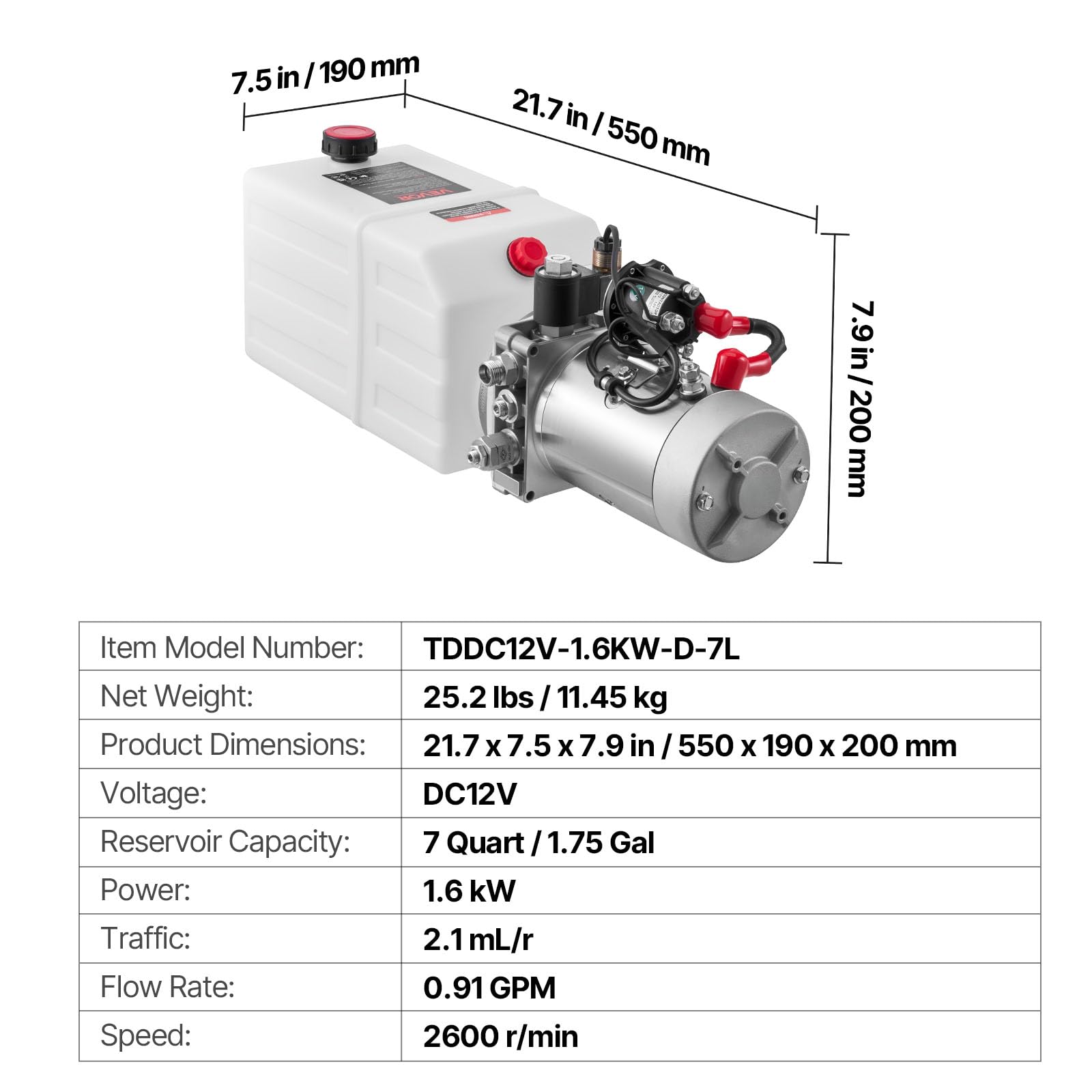 VEVOR Centralina Idraulica Pompa Idraulica per Rimorchio Ribaltabile Azione Singola, Flusso 3,4 L/min, Pressione d'Olio 2320-2900 PSI, 12 V CC con Serbatoio in Plastica per Sollevatore Rimorchio