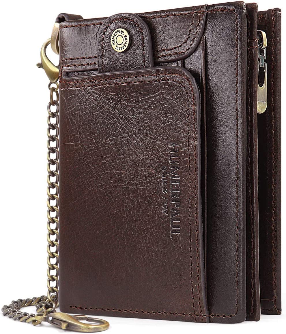 HUMERPAULChain Wallet for Men, Genuine Leather Bifold Wallets Rfid Blocking Men Purse with Zipper Coin Pocket (Coffee)