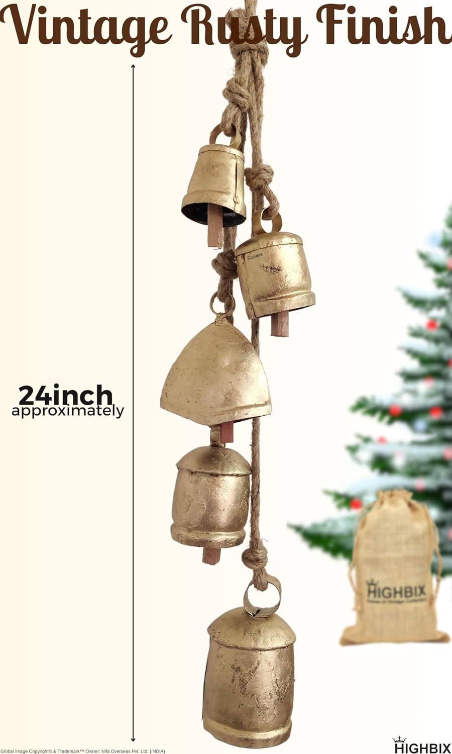 HIGHBIX Set of 5 Rustic Harmony Metal Jingle Bells Cluster Vintage Handmade Lucky Christmas Hanging Mix Décor Bells On Rope (Large)