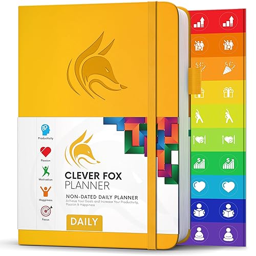 Clever Fox Planner Daily – Best Agenda &amp; Daily Calendar to Boost Productivity &amp; Hit Your Goals – Gratitude Journal Personal Daily Organizer – 14.5x21cm, Lasts 6 Months, Undated, Amber Yellow