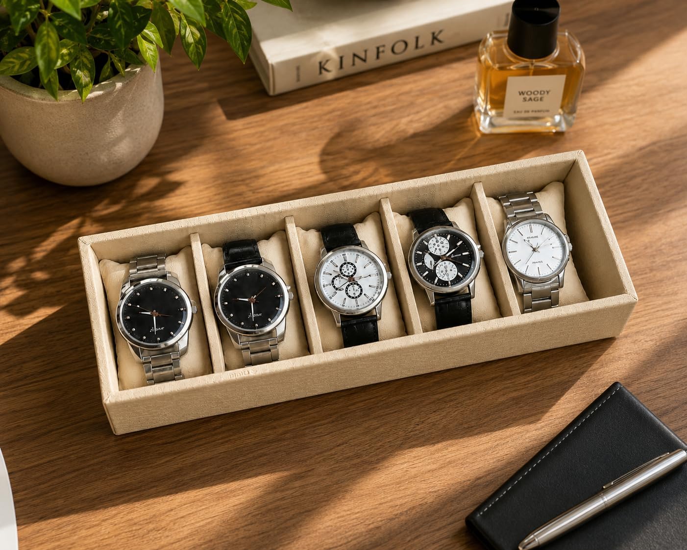 La Trove 5 Slot Velvet Watch & Bracelet Organizer Tray, Cream
