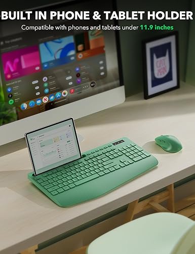 Miniatura 57 de Combo de teclado y mouse inalámbricos, teclado ergonómico de tamaño completo con reposamuñecas, soporte para teléfono, modo de suspensión, Rosa