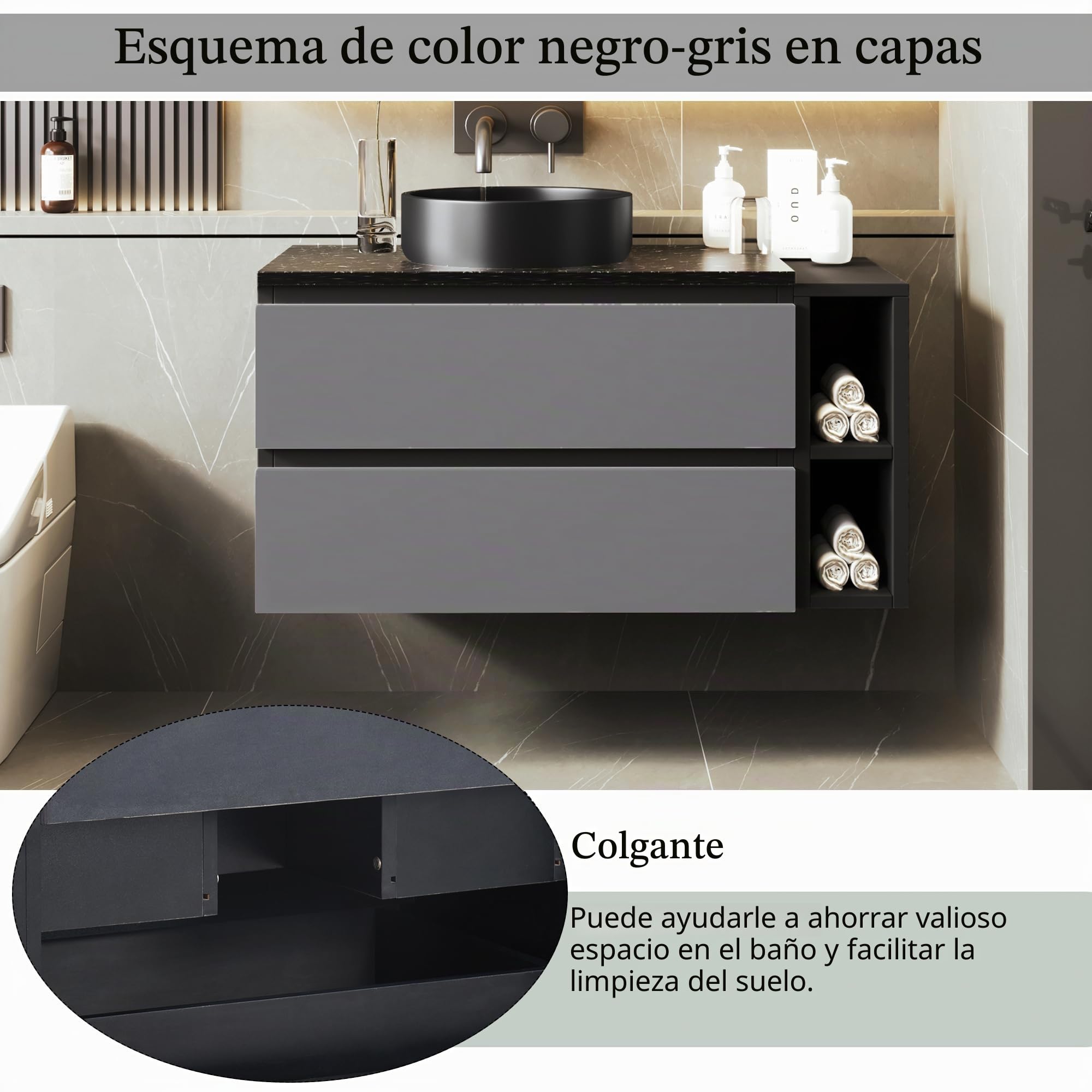 Armario para debajo del lavabo colgante de 80 cm de ancho, con lavabo de cerámica, con cajones, diseño moderno, color negro y gris