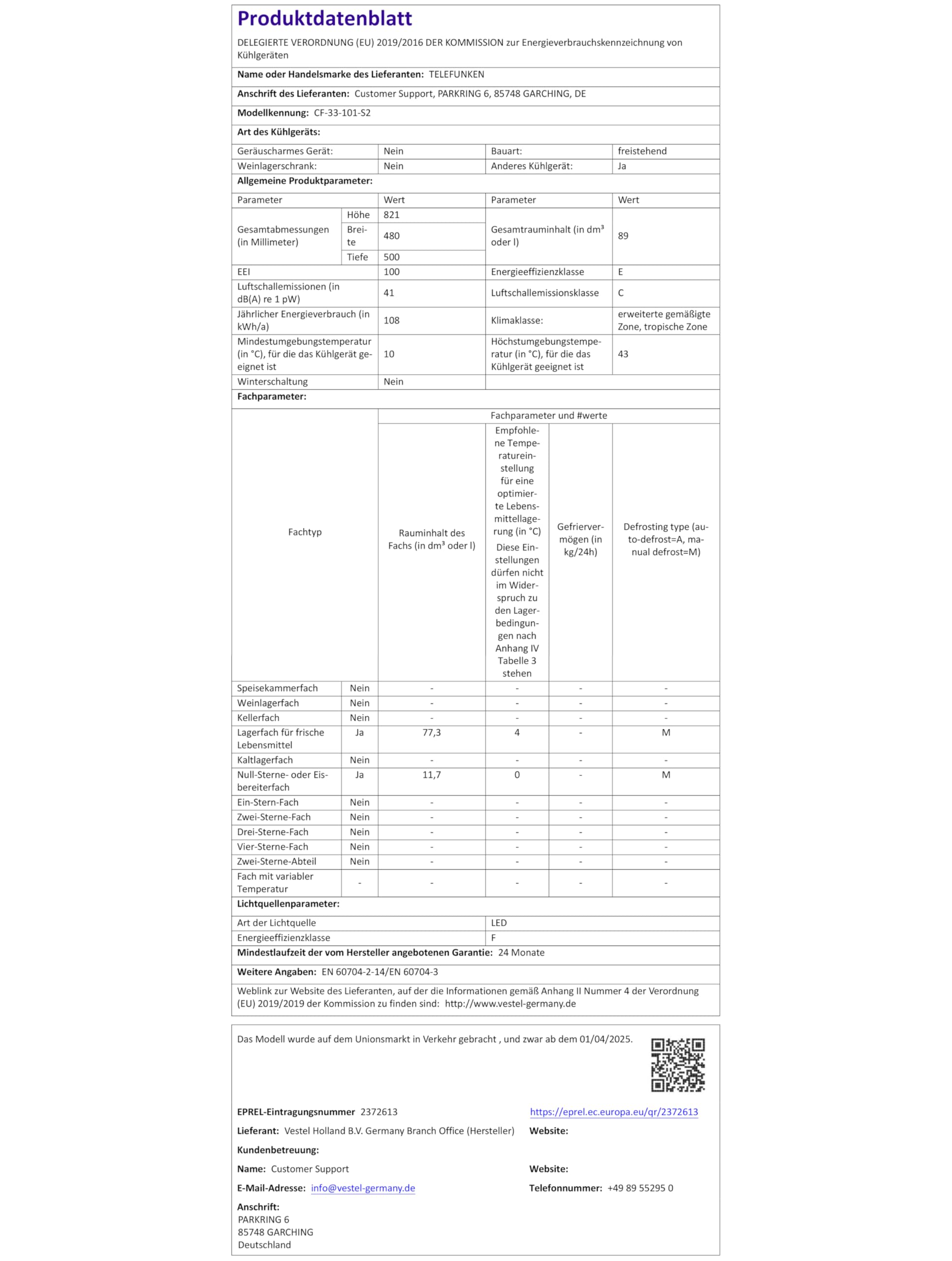 TELEFUNKEN Kühlschrank mit Gefrierfach (nur für Eiswürfel) | Freistehend | 89 Liter Nutzinhalt | Kühlschrank klein mit Gemüsefach | LED-Beleuchtung | Türanschlag wechselbar | CF-33-101-S2 silber