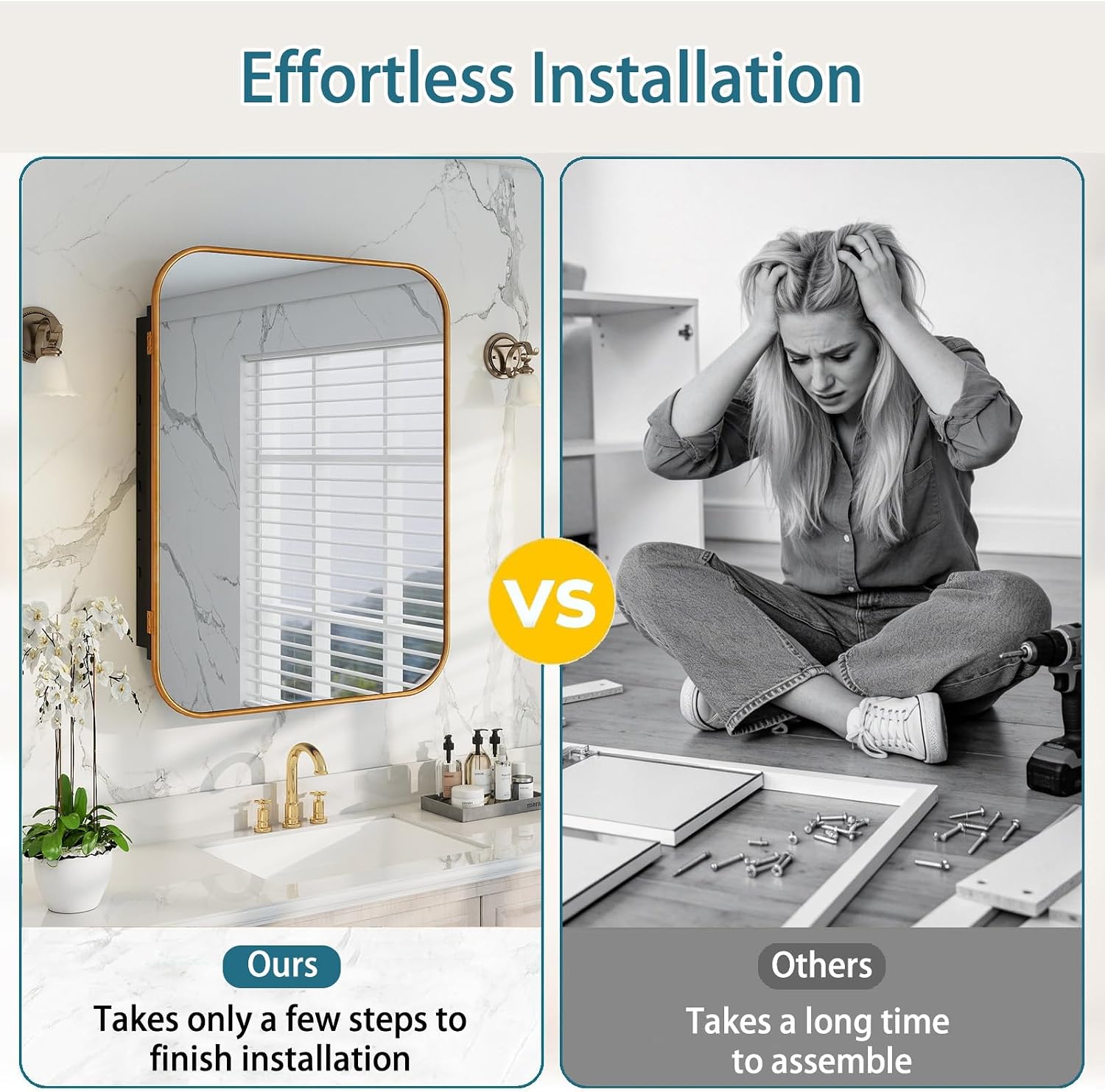 Brushed Metal Medicine Cabinet, Rounded Rectangle Bathroom Mirror with Storage, 2 Adjustable Shelves, Recessed or Surface Mount Mounting, Reversible Door (Brushed Gold, 24x32)