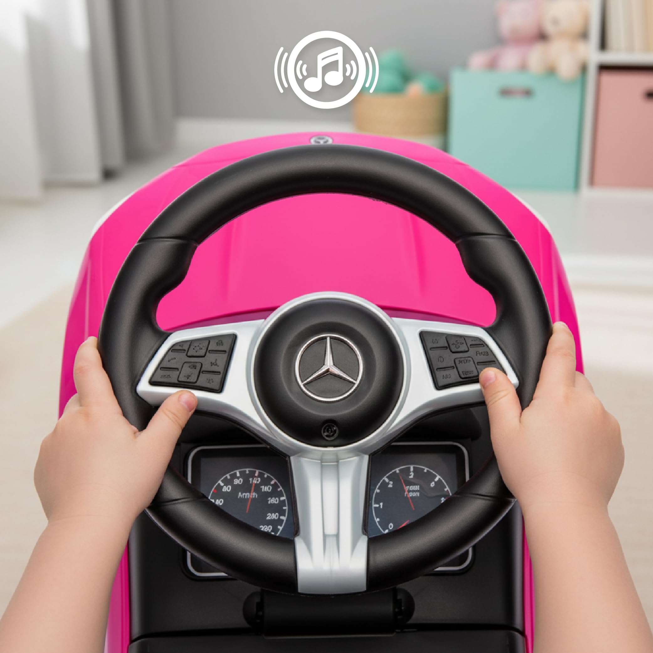 sun baby Rutschauto ab 1 Jahr Mercedes C-Class, Kinderfahrzeug für Jungen und Mädchen mit Audio-Lenkrad, Ablagefach, Kippschutz (Rosa)