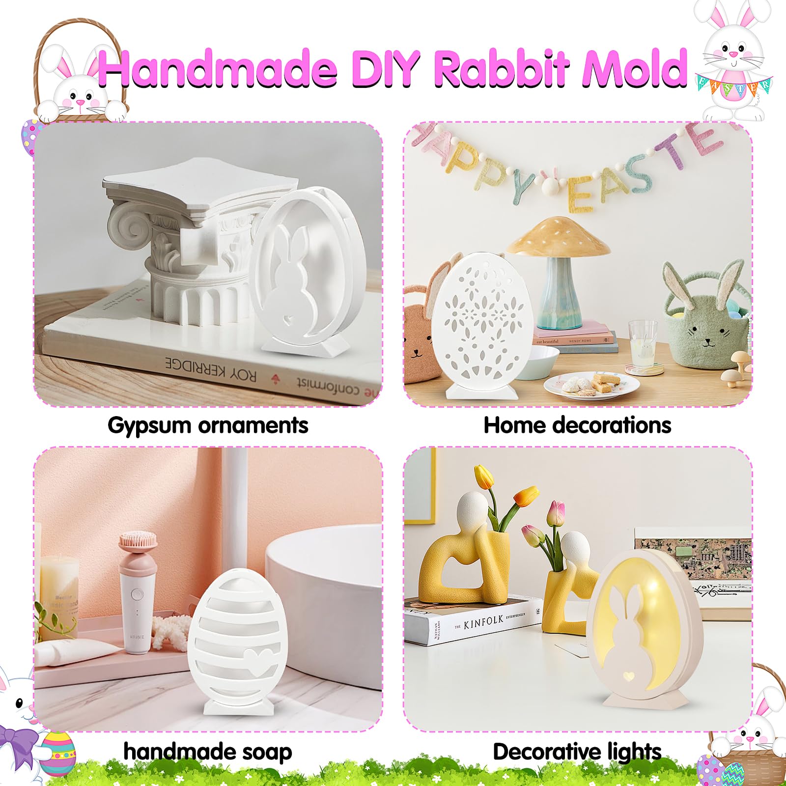 Stampi in silicone 3D a forma di coniglietto fatti a mano per sapone, candele, tema coniglio, stampo in resina da fondere e versare, Pasqua, Capodanno, cioccolatini, saponi, designer e artigiani