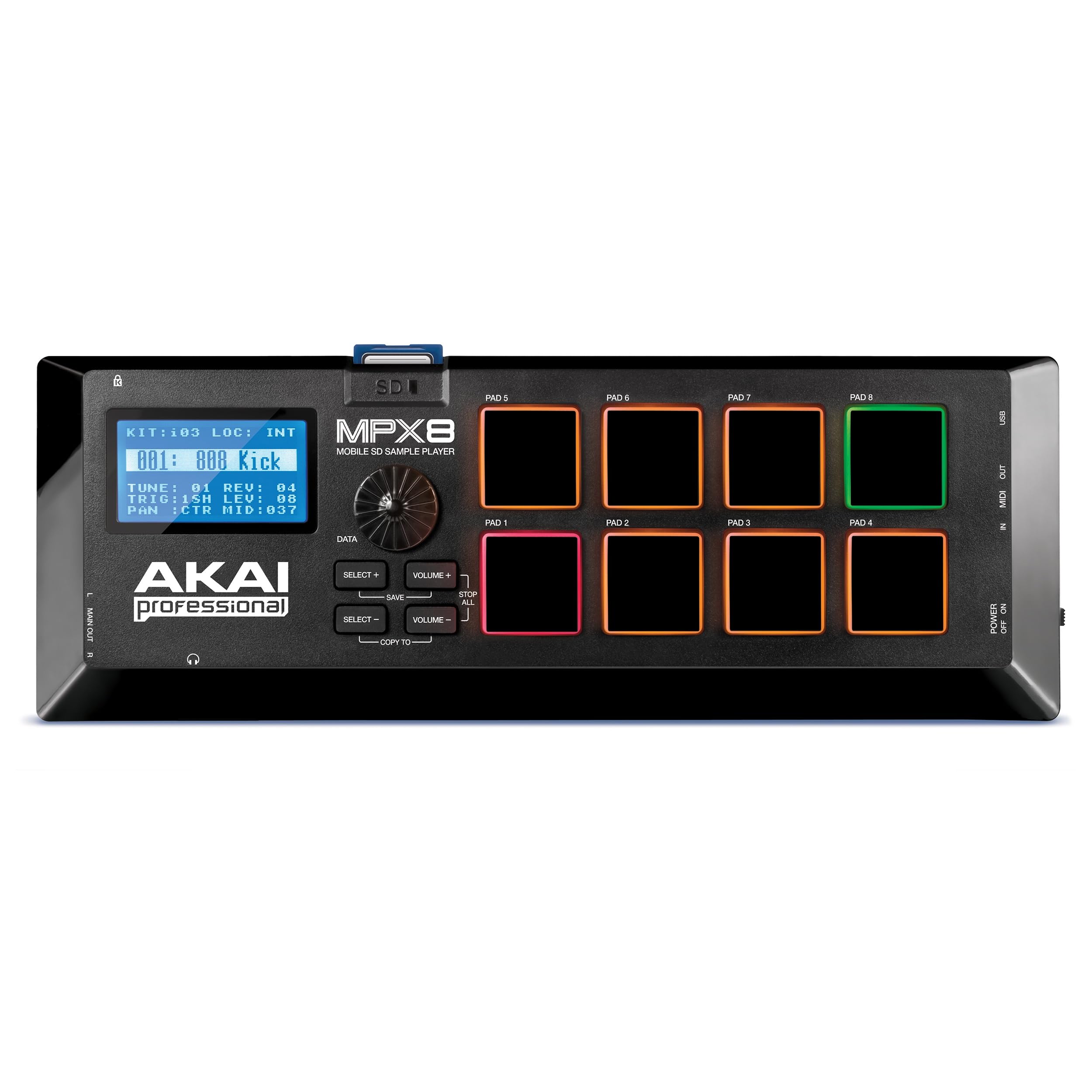 AKAI Pro Professional MPX8 - Portabler Sample Pad Controller mit 8 Performance Ready Pads & On Board SD Kartenslot