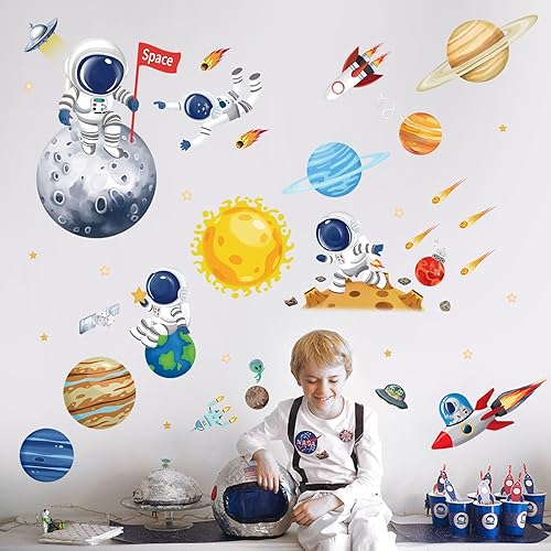 Miniatura 3 de wondever Calcomanías de pared de astronauta del espacio exterior, planetas, el sistema solar, calcomanías artísticas de pared para guardería,