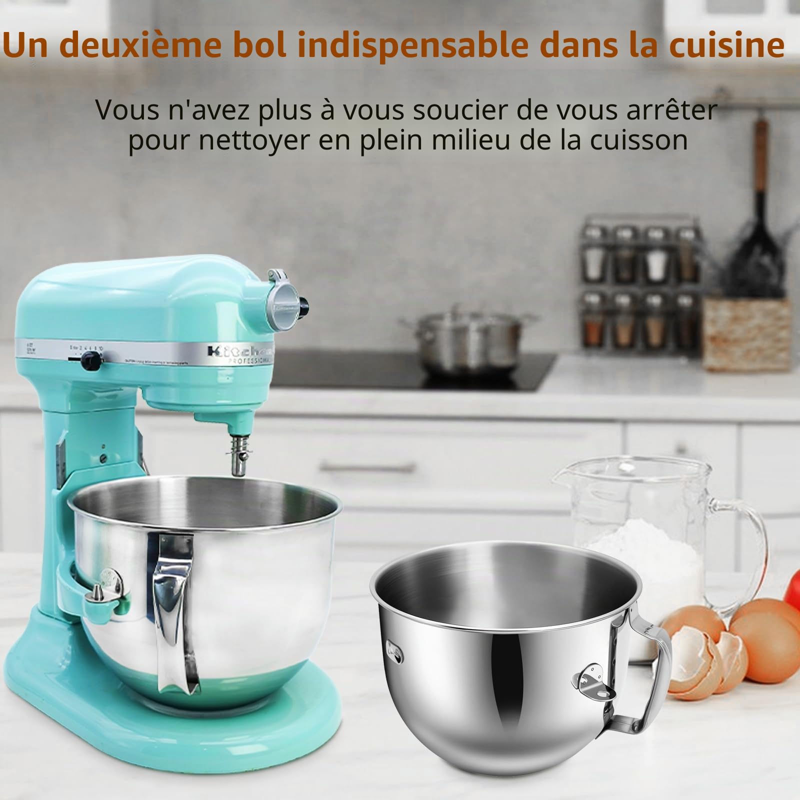 Bol de mixage en acier inoxydable compatible avec les mixeurs sur socle Kitchen Aid de 7 pintes avec élévation du bol