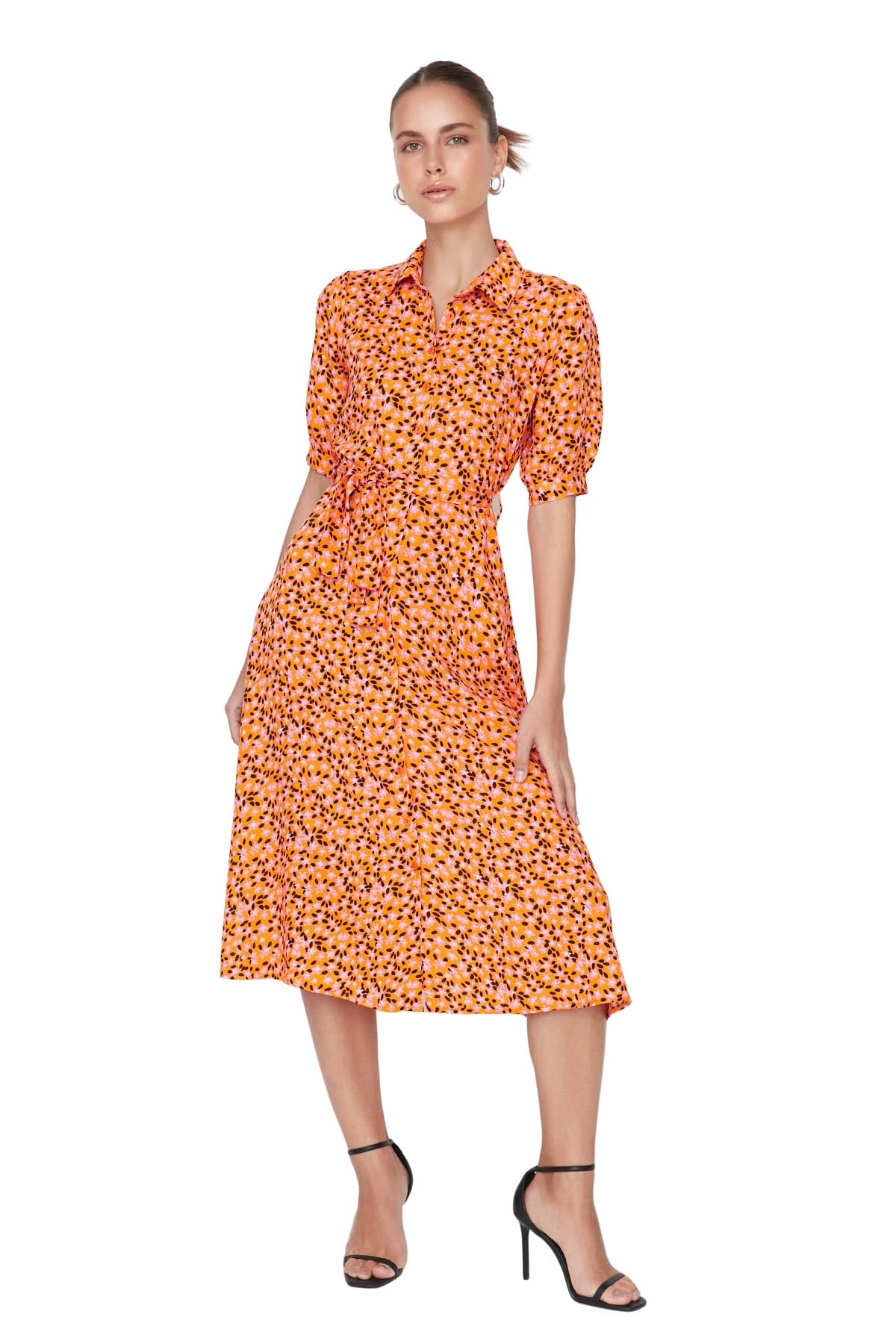 Trendyol Women Midi Shirt Dress Regular Woven Dress Orange