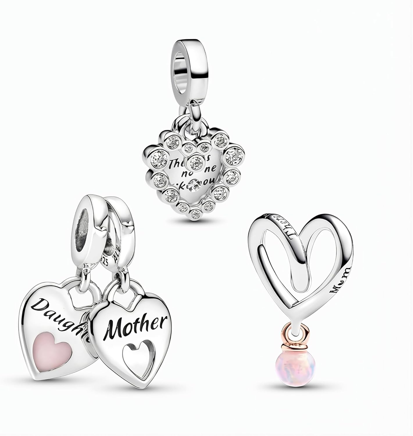 Forever Love Mom 925 Sterling Silver Charm Fit for Pandora Bracelet Necklace, 3PCS Dangle Women Bead Charm Jewelry Gift For Mother's Day