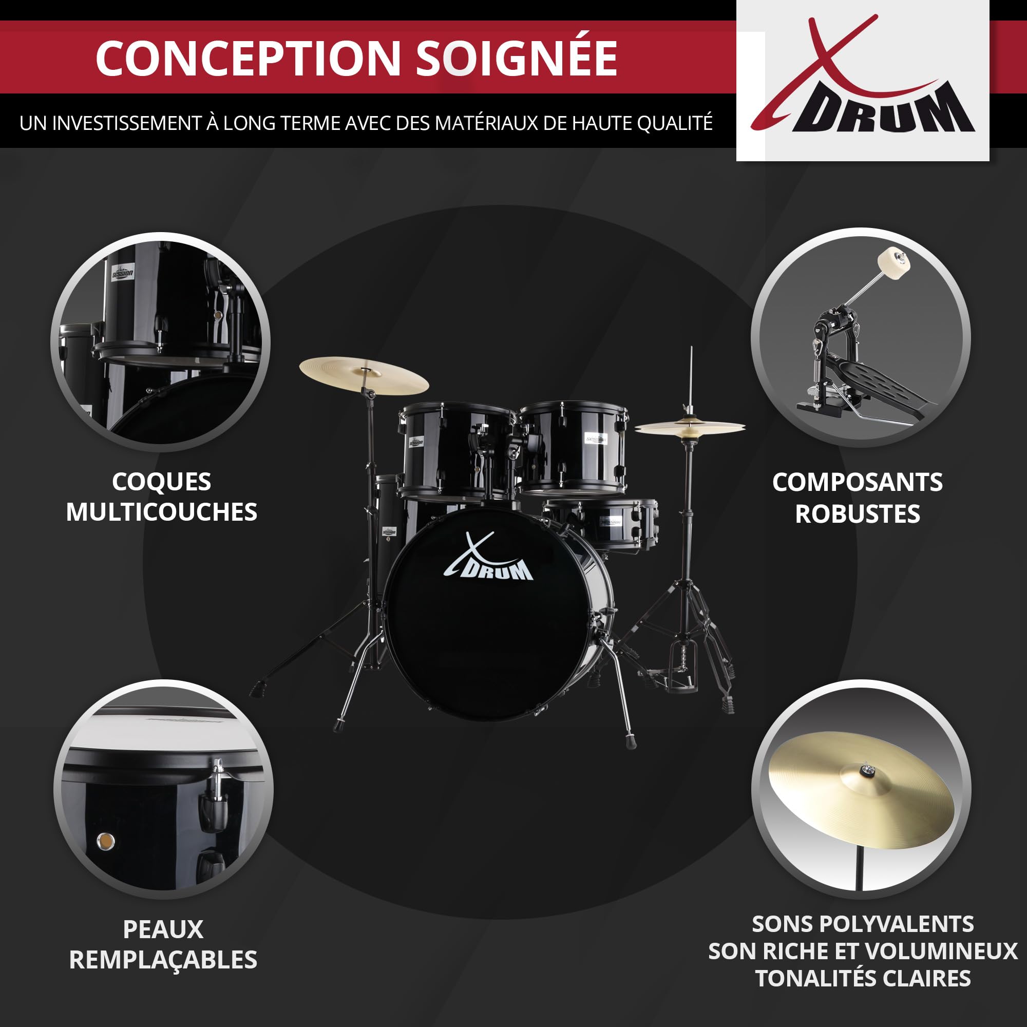 XDrum Rookie 22" Standard Batterie Complète Noire - Idéal pour Débutants - Matériel Stylé en Noir - Incl. Baguettes 5B, Notice de Montage et École de Batterie - Noir