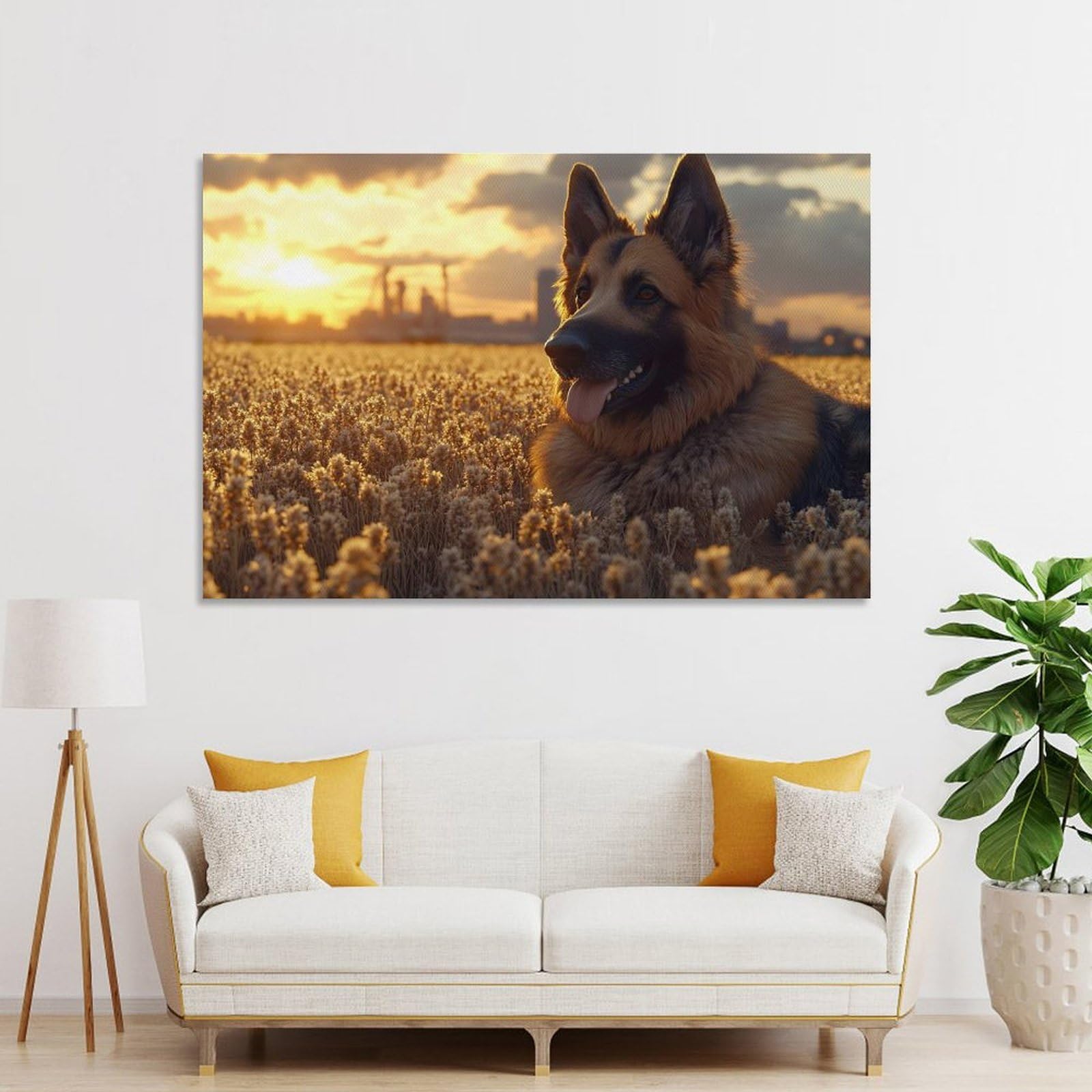Junmoney Canvas Wall Picture German Shepherd in Golden Wheat Field, 24x36inch(60x90cm), for Home Lounge, Bedroom Or Reading Nook, A Home Accent with Warm Character