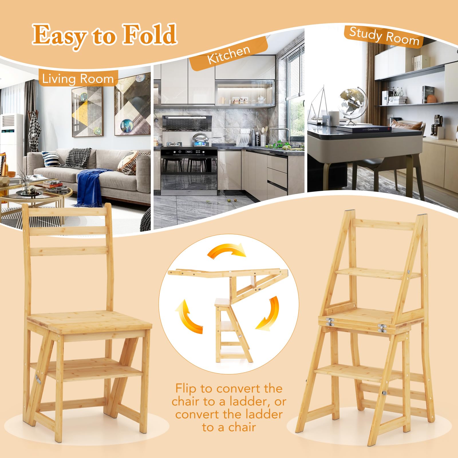 Step Ladder 3 Step Solid Wood Folding Library Ladder Chair Step Stool ...