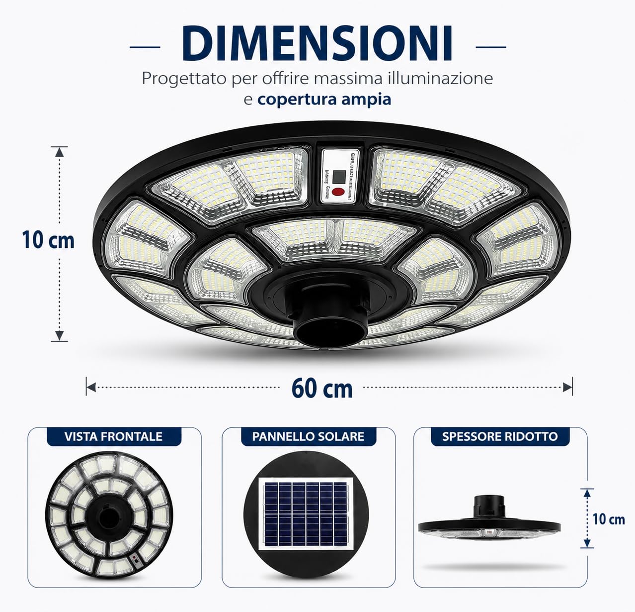 Generico Lampione Solare Esterno 2000 Watt, LED Stradale Giardino UFO con Telecomando, Sensore Movimento, Crepuscolare, IP66, Luce Fredda, Faretto Solare Alta Efficienza