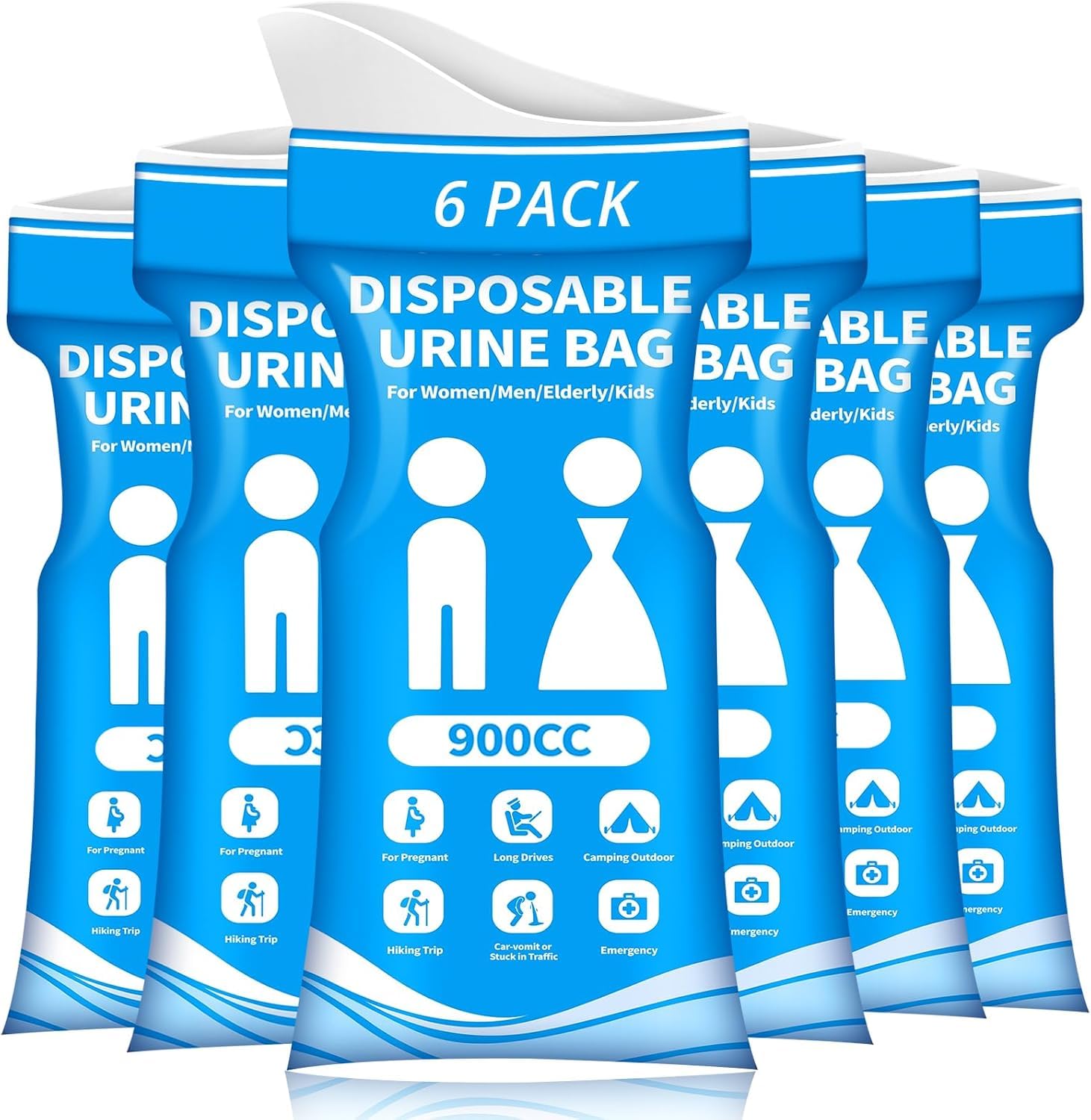 Hexwell Disposable Urine Bag, 6 PCS Pee Bags for Travel for Women/Men, 900ML Emergency Portable Urinal Bag and Vomit Bags, Unisex Urinal Bag for Camping, Traffic Jams, Pregnant, Patient, Kids (6)