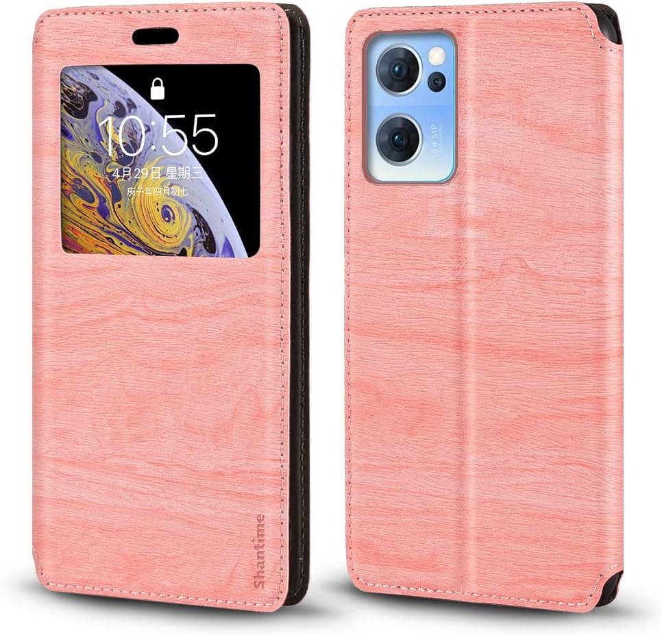 Viewable Window Leather Flip Case Compatible with OPPO Reno 7 5G China, Elegant Design Clear Display Invisible Magnetic Cover and Card Slot(Pink)