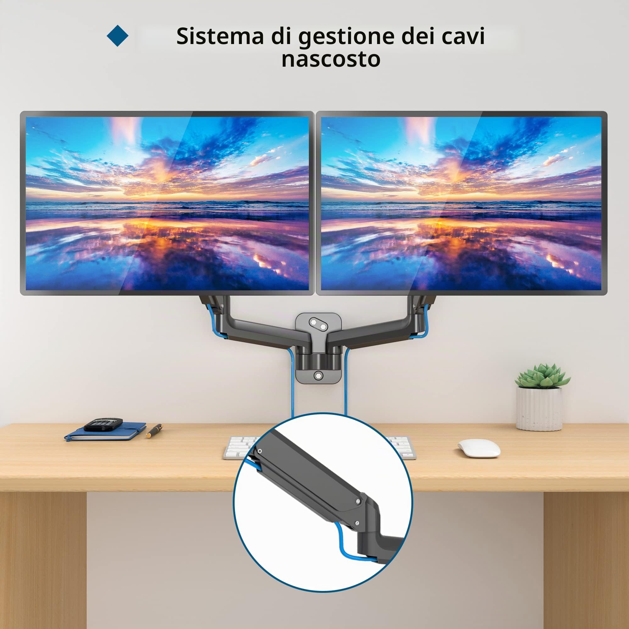 BONTEC Supporto da parete per monitor da 13 a 27 pollici, braccio a molla a gas fino a 8 kg, orientabile e orientabile, supporto doppio VESA 75 e 100 mm