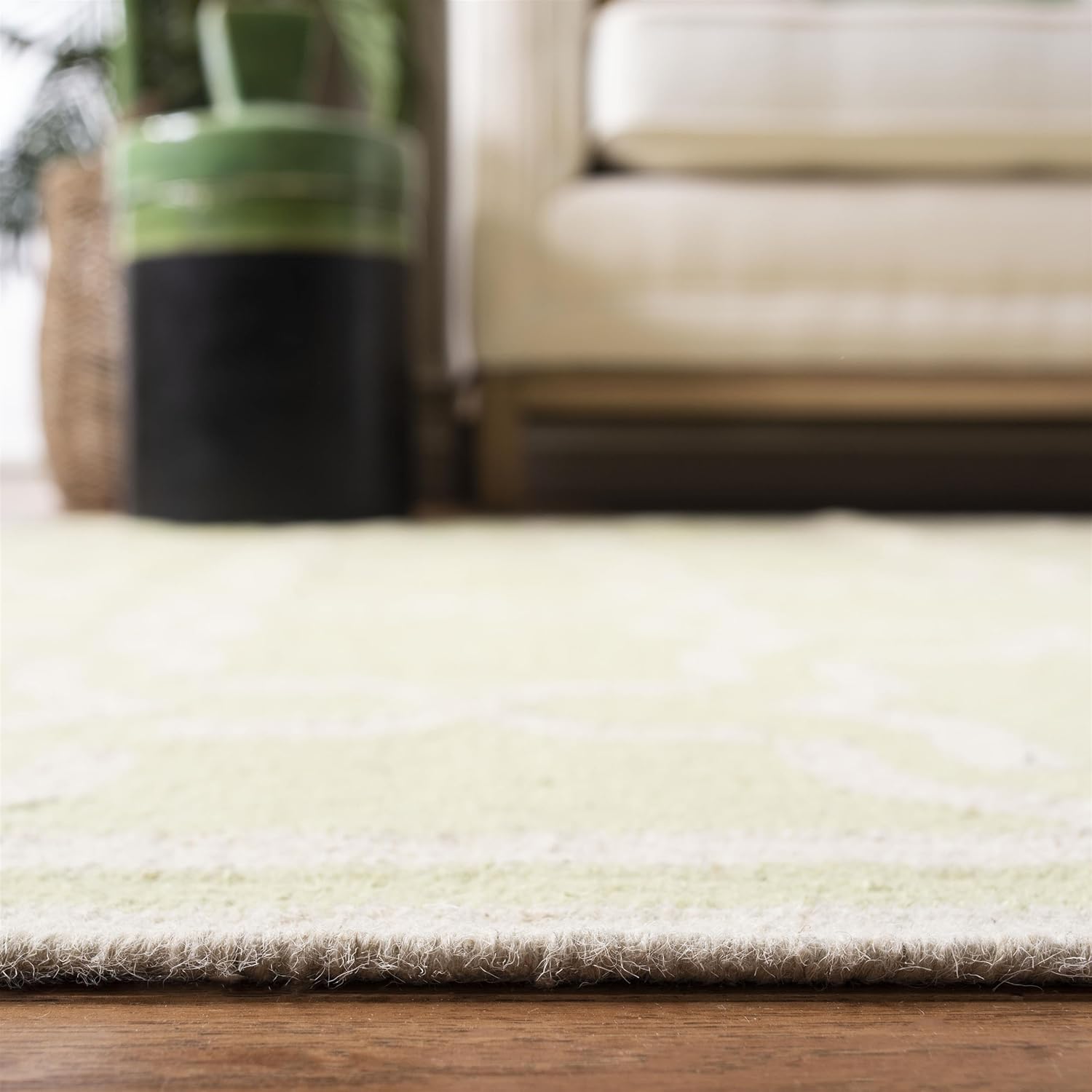 Ivory and Light Green Geometric Wool Square Rug, 6' x 6'