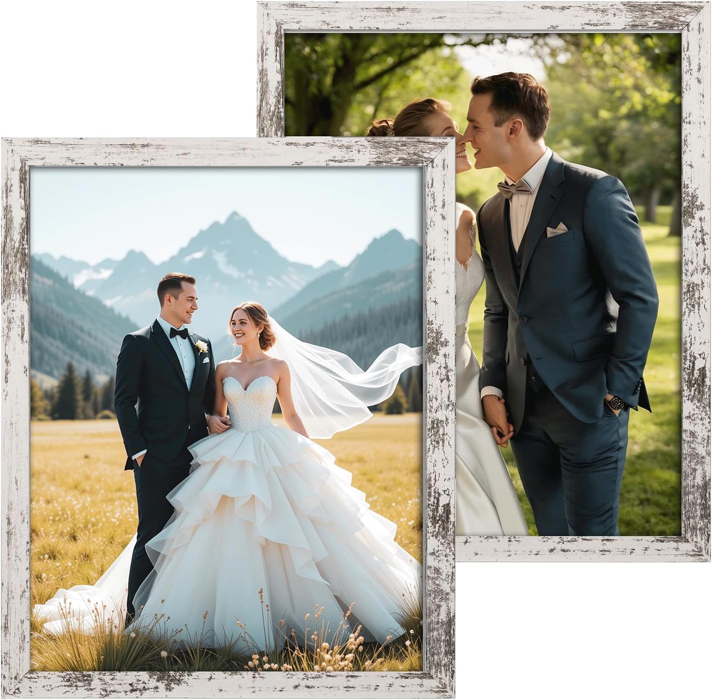 Q.Hou 11x14 Picture Frames Wood Patten Distressed White Set of 2, Each Frame with 2 Mats,Display 8x10 or Five 4x6 Photos with Mat & 11x14 Picture Without Mat for Wall Mount