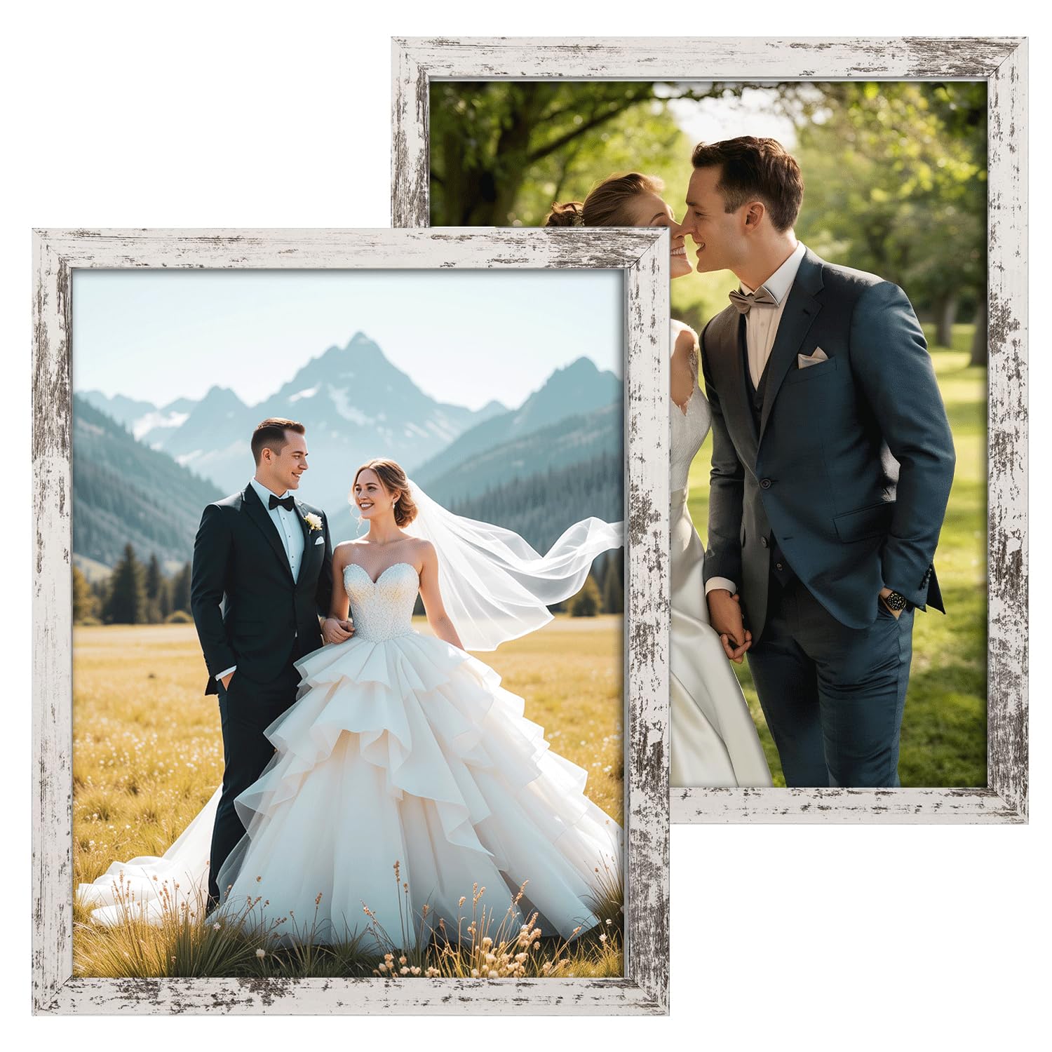 Q.Hou 11x14 Picture Frames Wood Patten Distressed White Set of 2, Each Frame with 2 Mats,Display 8x10 or Five 4x6 Photos with Mat & 11x14 Picture Without Mat for Wall Mount