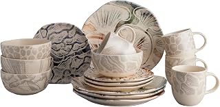 Corona 16–piece Earth Tones Fungi Mushroom Design Ceramic Dinnerware Sets | Plates Bowls and Mugs Set | Service For 4 | Ziba
