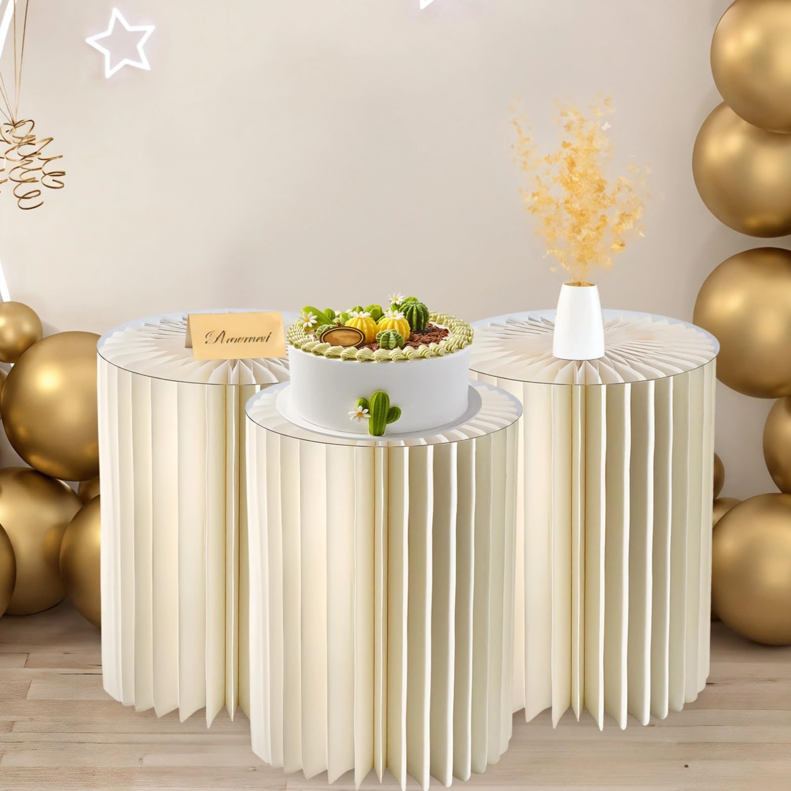 Générique Lot de 3 présentoirs à gâteaux cylindriques pliables, colonnes d’exposition pour desserts, socles pour mariages et événements, papier kraft avec panneaux en PVC, 12 × 16 pouces