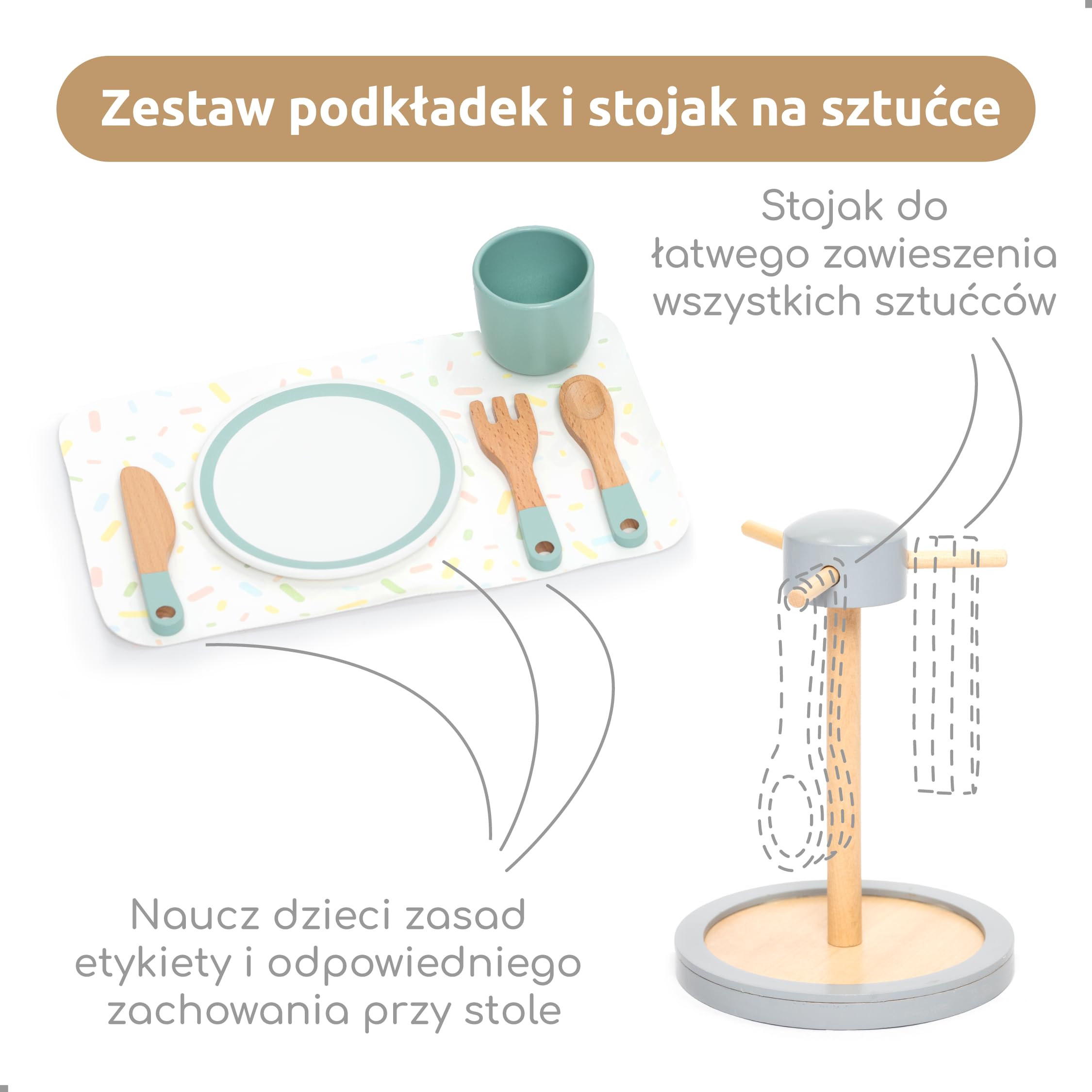 UMU Duży zestaw naczyń z drewna – 28-częściowy serwis stołowy do kuchni dziecięcej z talerzami, kubkami, sztućcami i stojakiem – akcesoria kuchenne do kuchni do zabawy – naczynia do odgrywania ról od