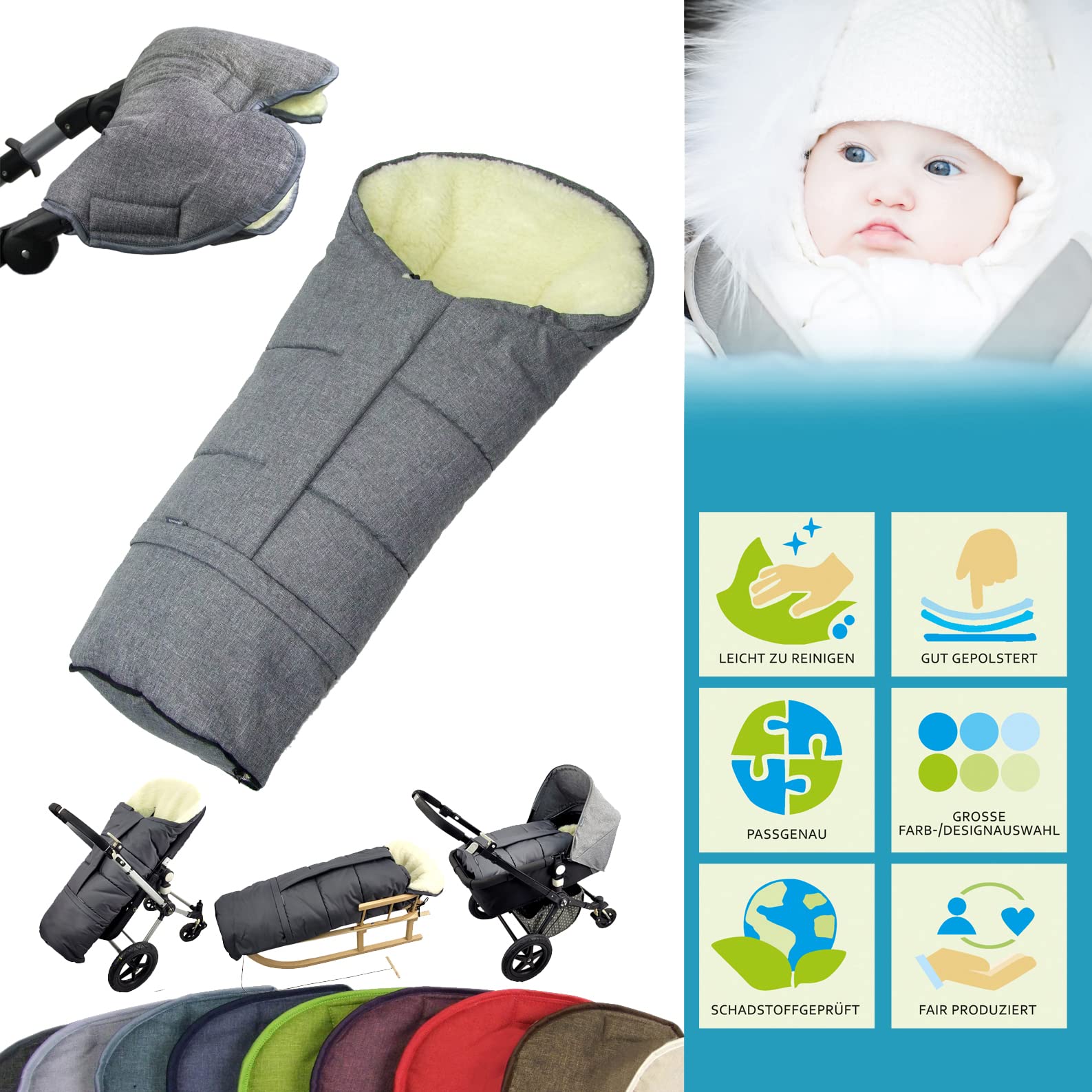 Bambiniwelt, offerta combinata MUFF + sacco a pelo invernale in lana d'agnello per passeggino, carrozzina, slitta mellata (grigio chiaro) XX