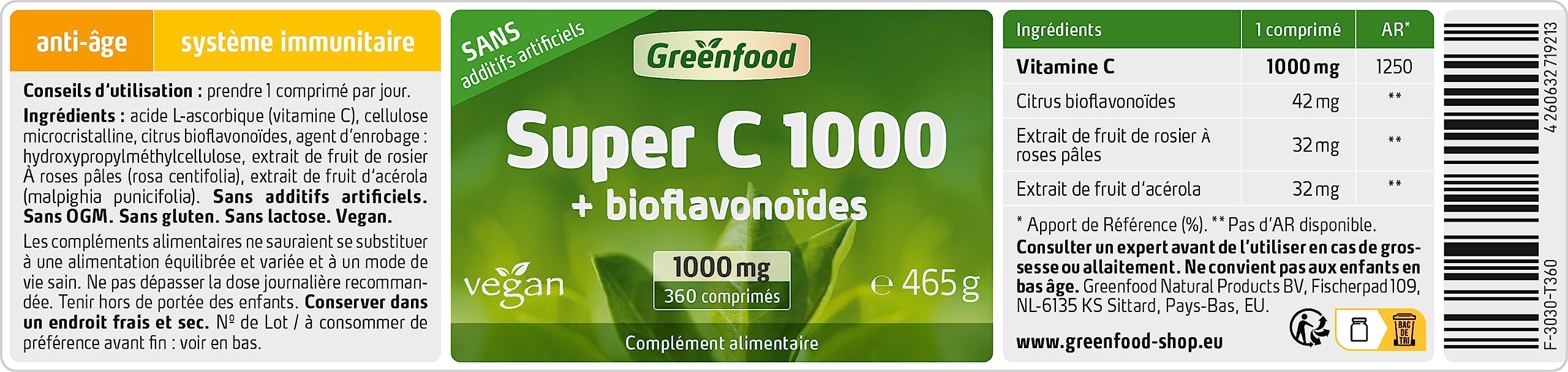 Greenfood Super C 1000, 360 comprimés - SANS additifs artificiels | 1000 mg de vitamine C par comprimé, acérola, bioflavonoïdes, haute biodisponibilité, testé en laboratoire, sans OGM, vegan